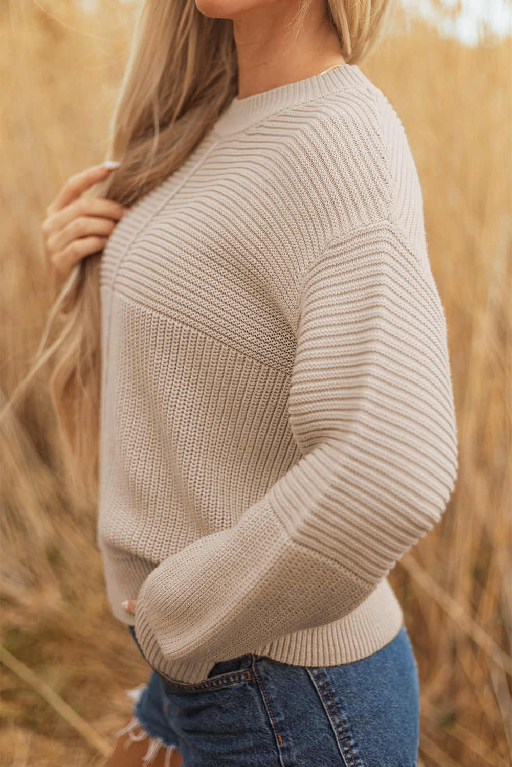 Texture Patchwork Mixed Patchwork Knit Puff Sleeve Knit Top