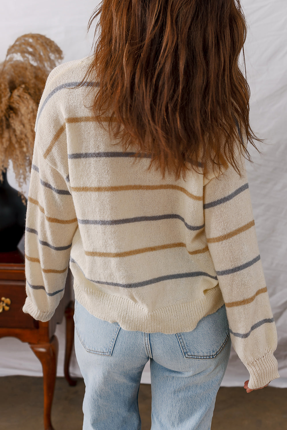 Striped Cardigan Button-Front V-Neck Knit Top in Multicolour