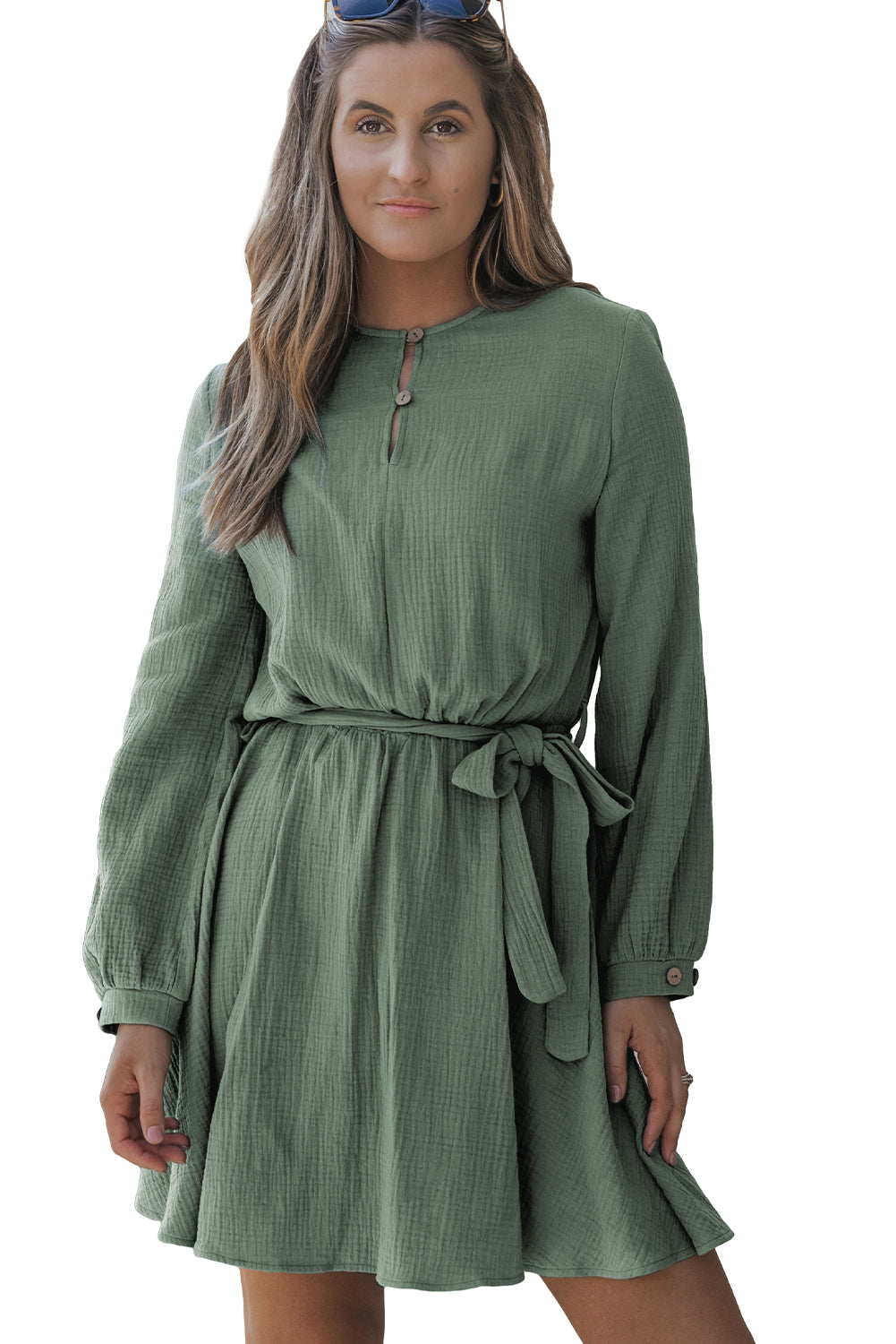 Women's Mini Dress with Button Neck Belted Pleat-Detail