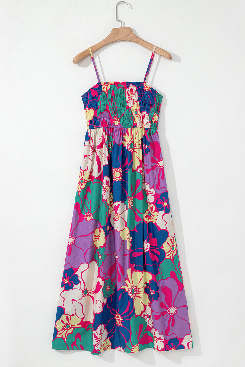 Floral Print Shirred Spaghetti Strap Loose Maxi Dress