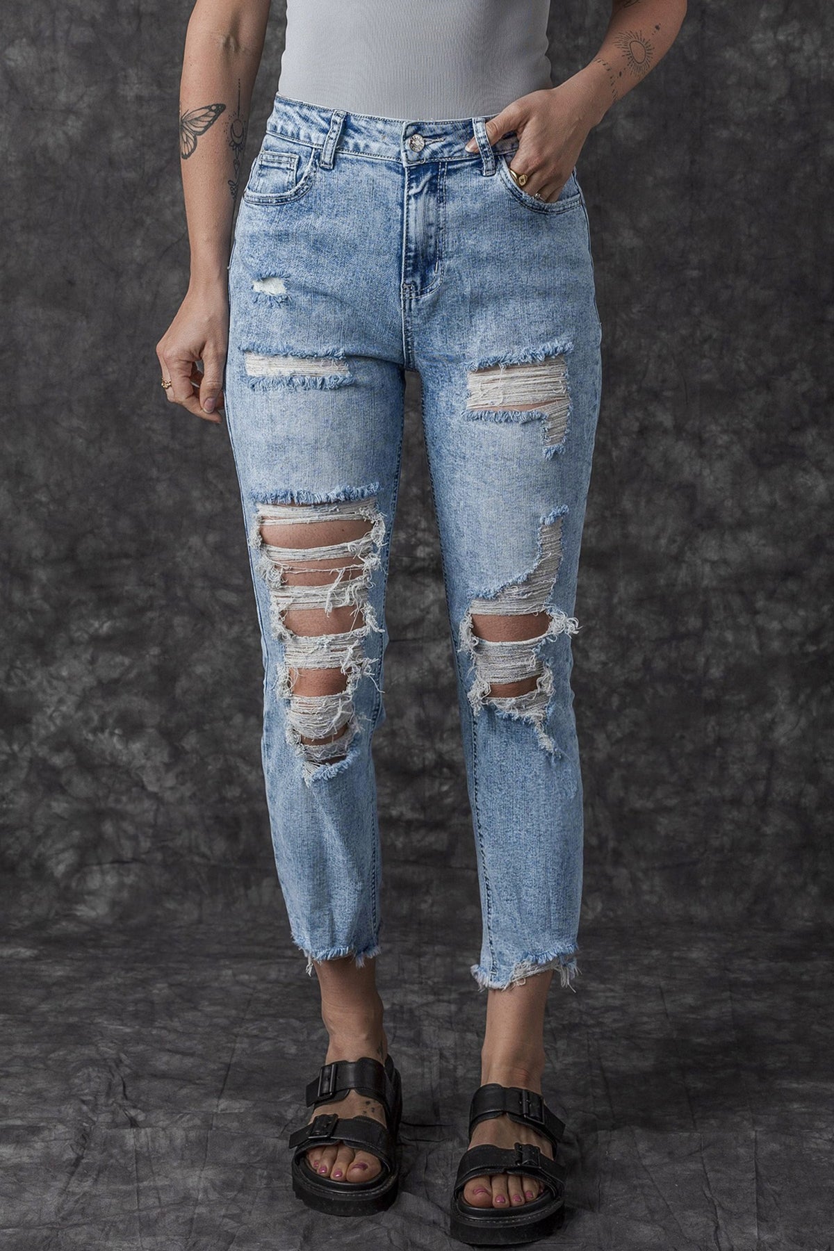 Women's Jeans with Distressed Slim Fit Acid Wash
