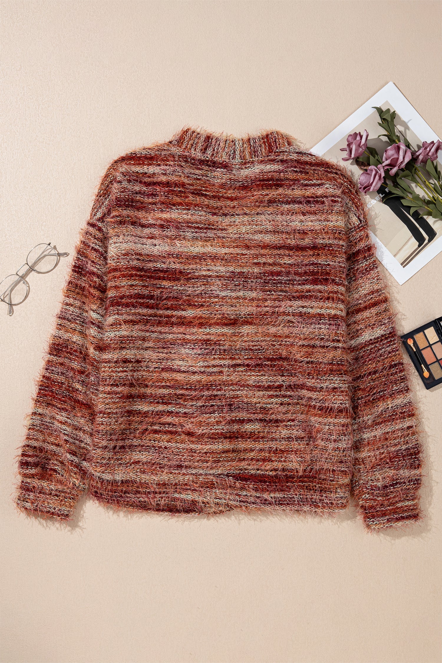 Striped Button Fuzzy Button Front Cardigan Knit Top in Tawny
