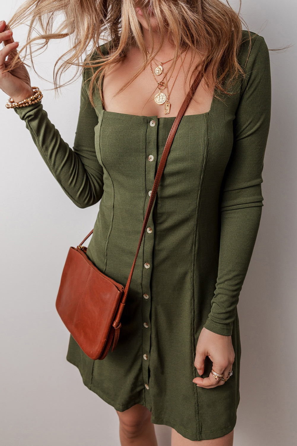 Women's Rib-Knitted Square Neck Mini Dress