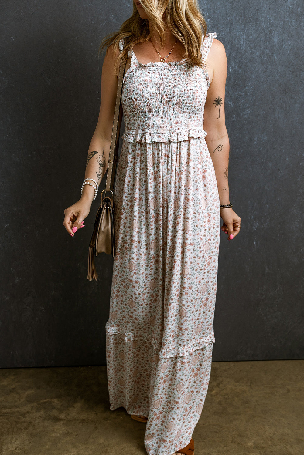 Women's Maxi Dress with Lace-Trimmed Straps Shirred Floral-Print