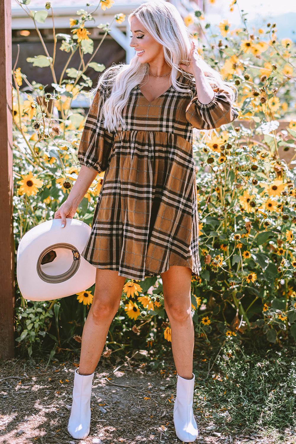 Women's Dress with Babydoll Plaid Pattern Empire-Waist