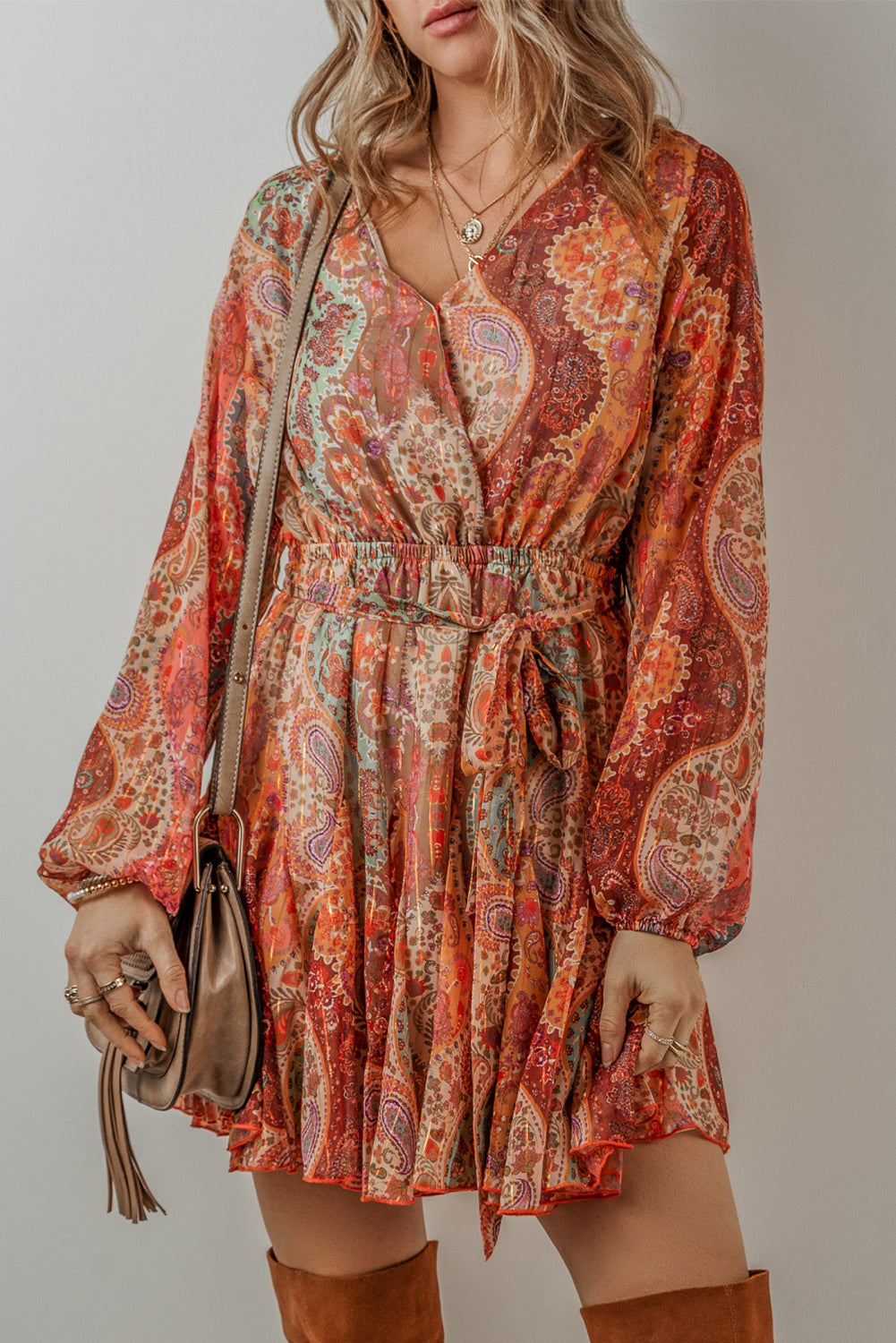 Women's Bohemian Pleat-Detail Belted Mini Dress