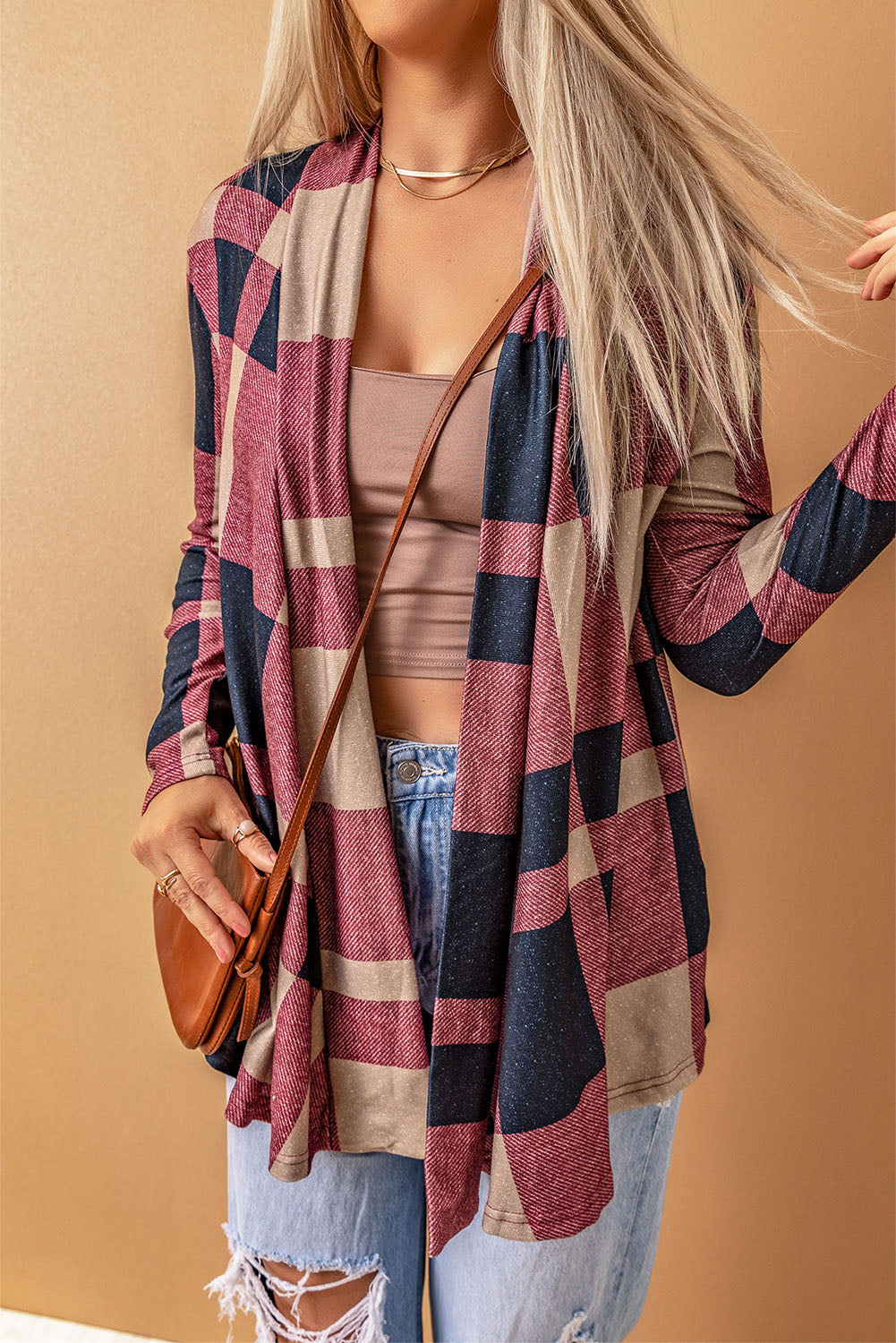 Women's Cardigan with Draped Open Front Plaid