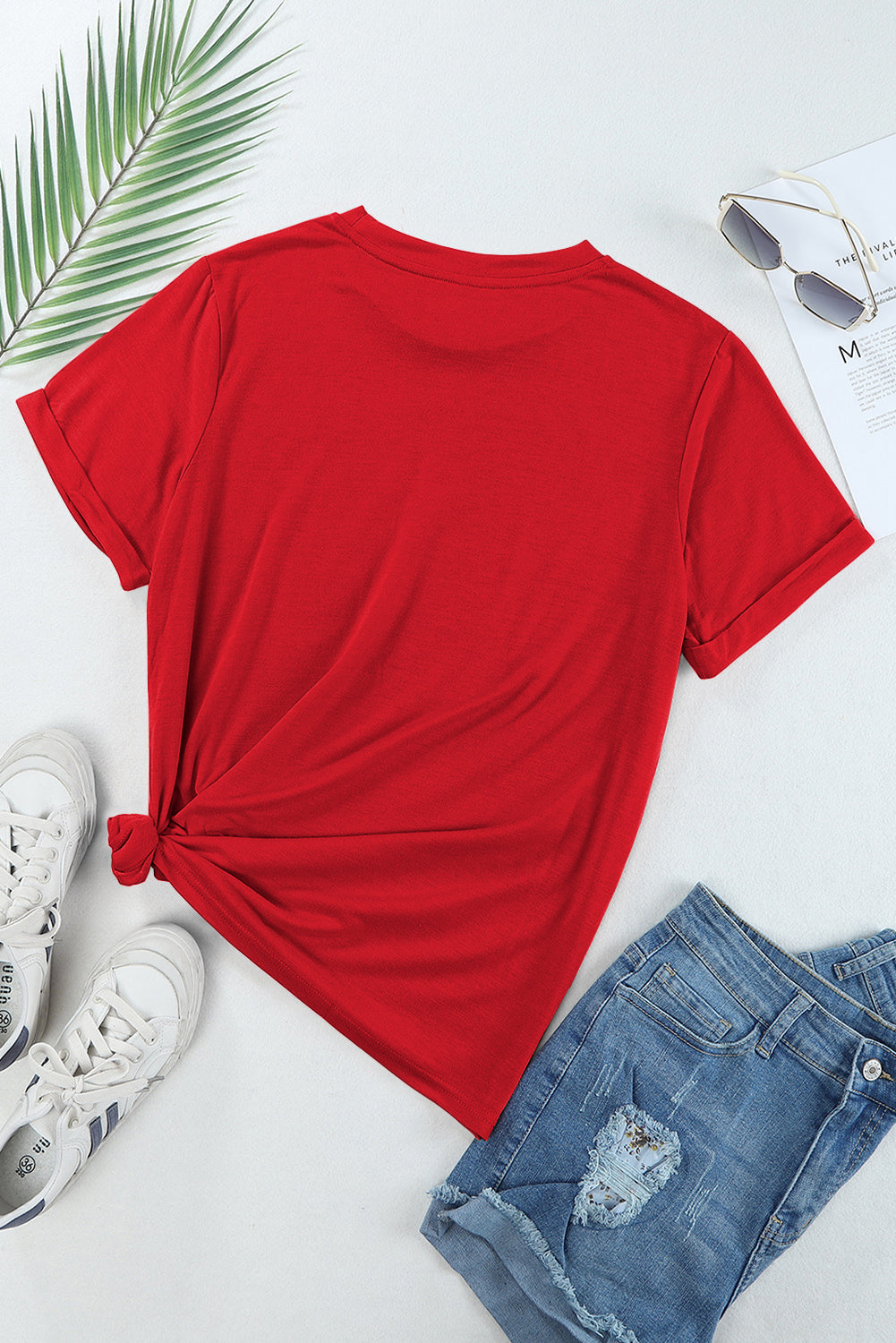 Women's Tee with Red Everyday Plain Crew Neck