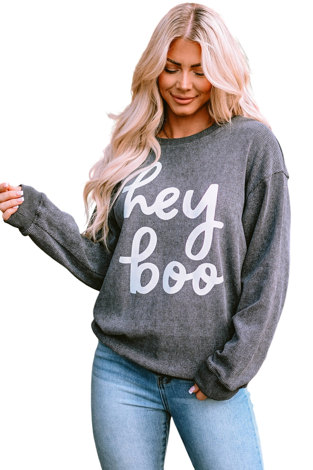 Women's Sweatshirt Featuring hey boo Graphic-Print Corded Halloween