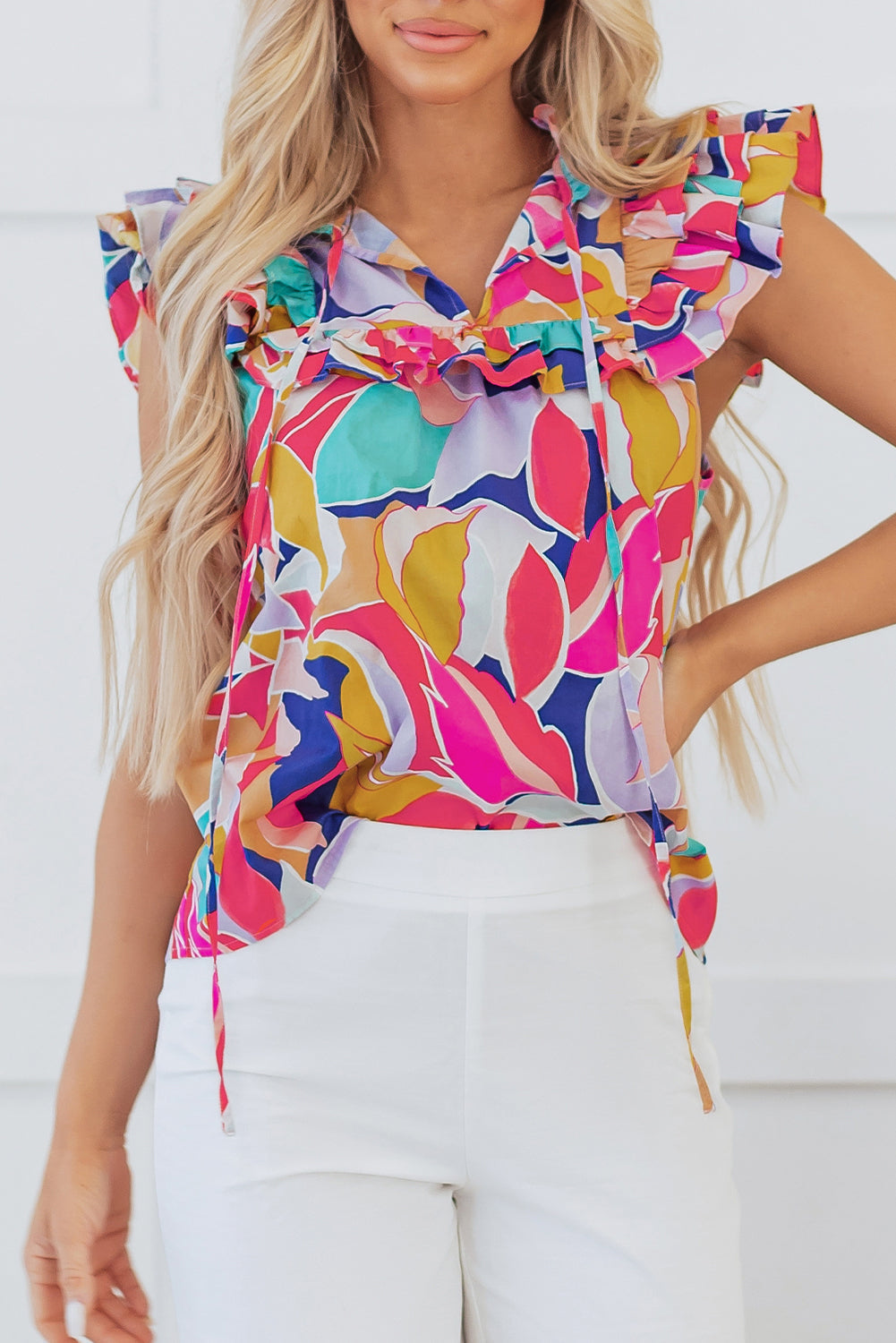 Abstract Printed Ruffled Flutter Sleeve Blouse
