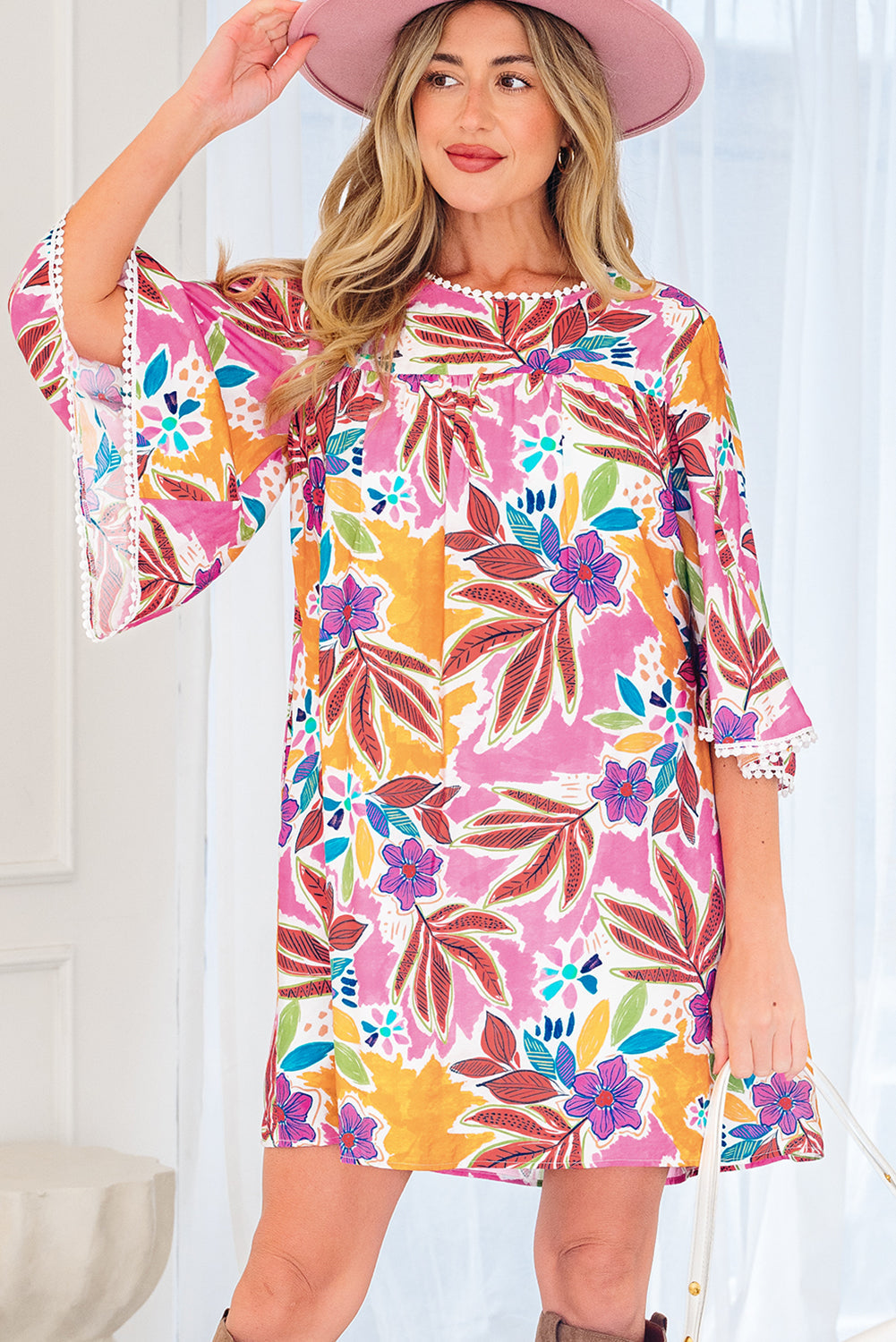 Floral-Print Lace Trimmed Tie Back Bell Sleeve Swing Mini Dress