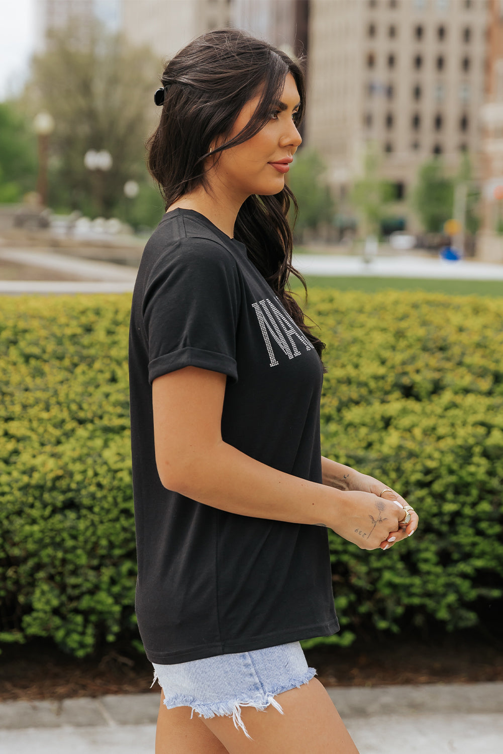 Women's T Shirt with Crew Neck Rhinestone NASHVILLE Graphic-Print