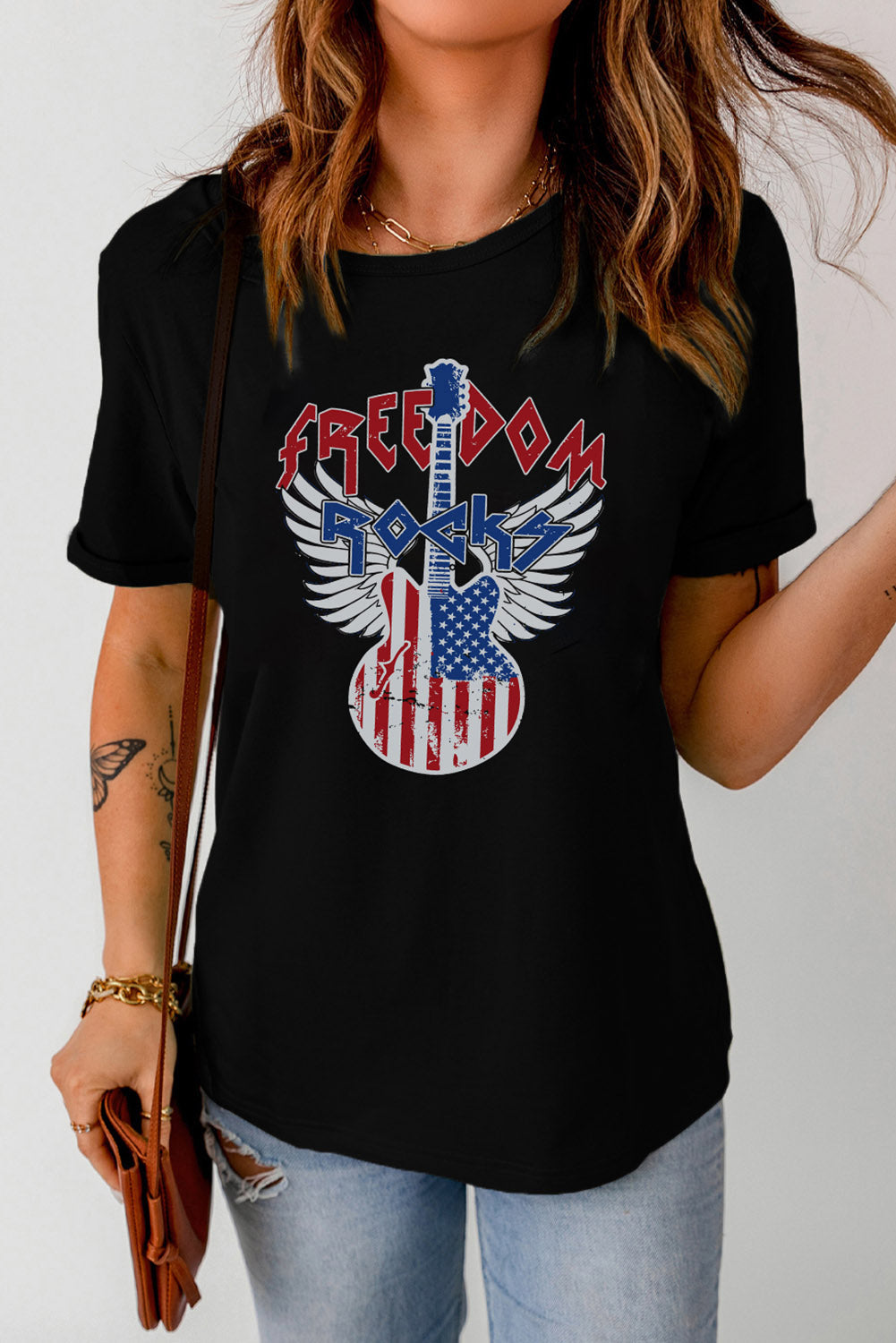 Tee for Women American Flag Guitar Print Crew Neck
