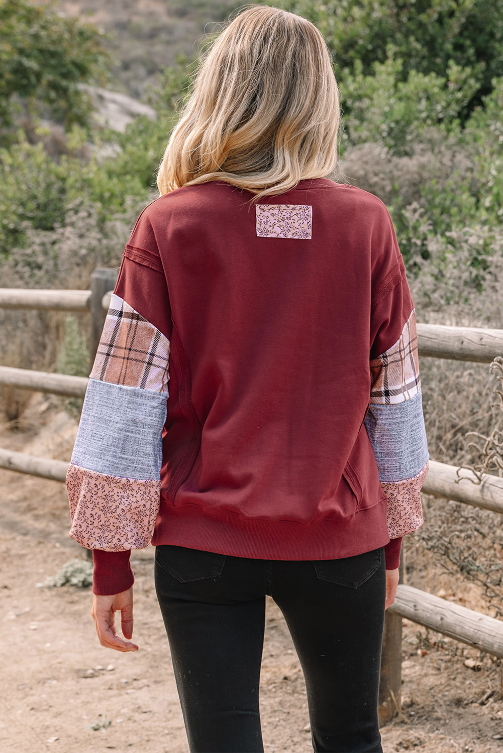 Colorblock Patchwork Plaid Patchwork Sleeve Raw Seam Sweatshirt