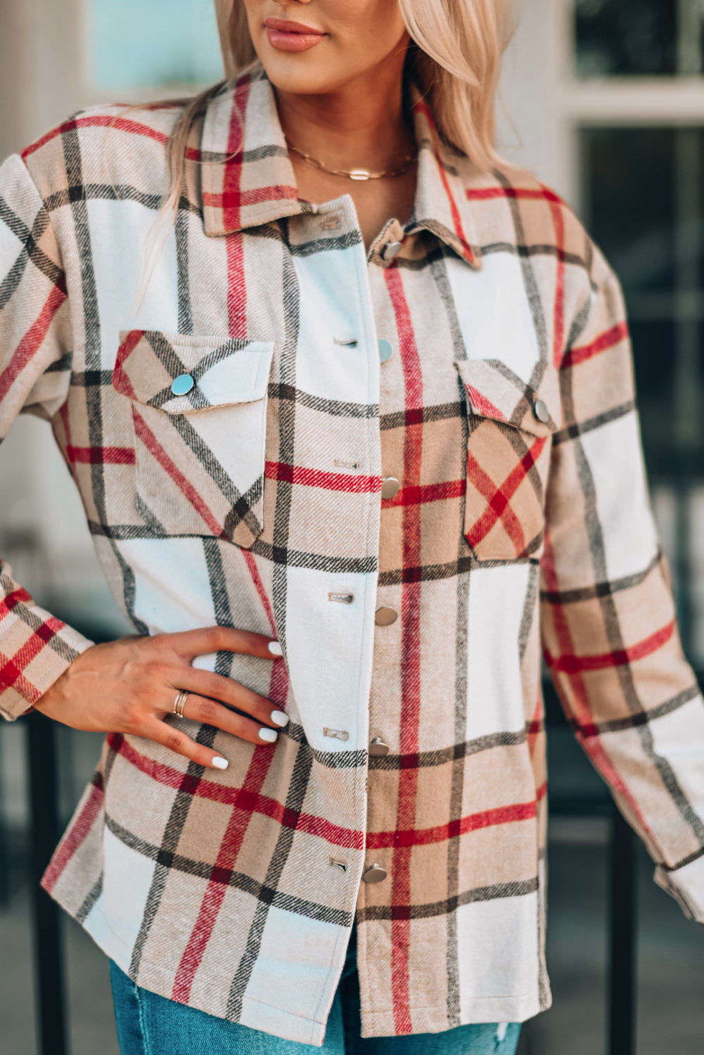 Women's Coat with Button-Front Shirt Plaid Print