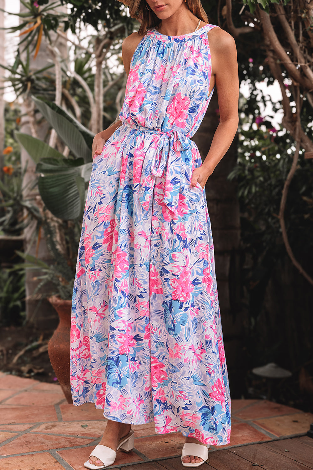 Floral Printed Sleeveless Knot Waist Maxi Dress