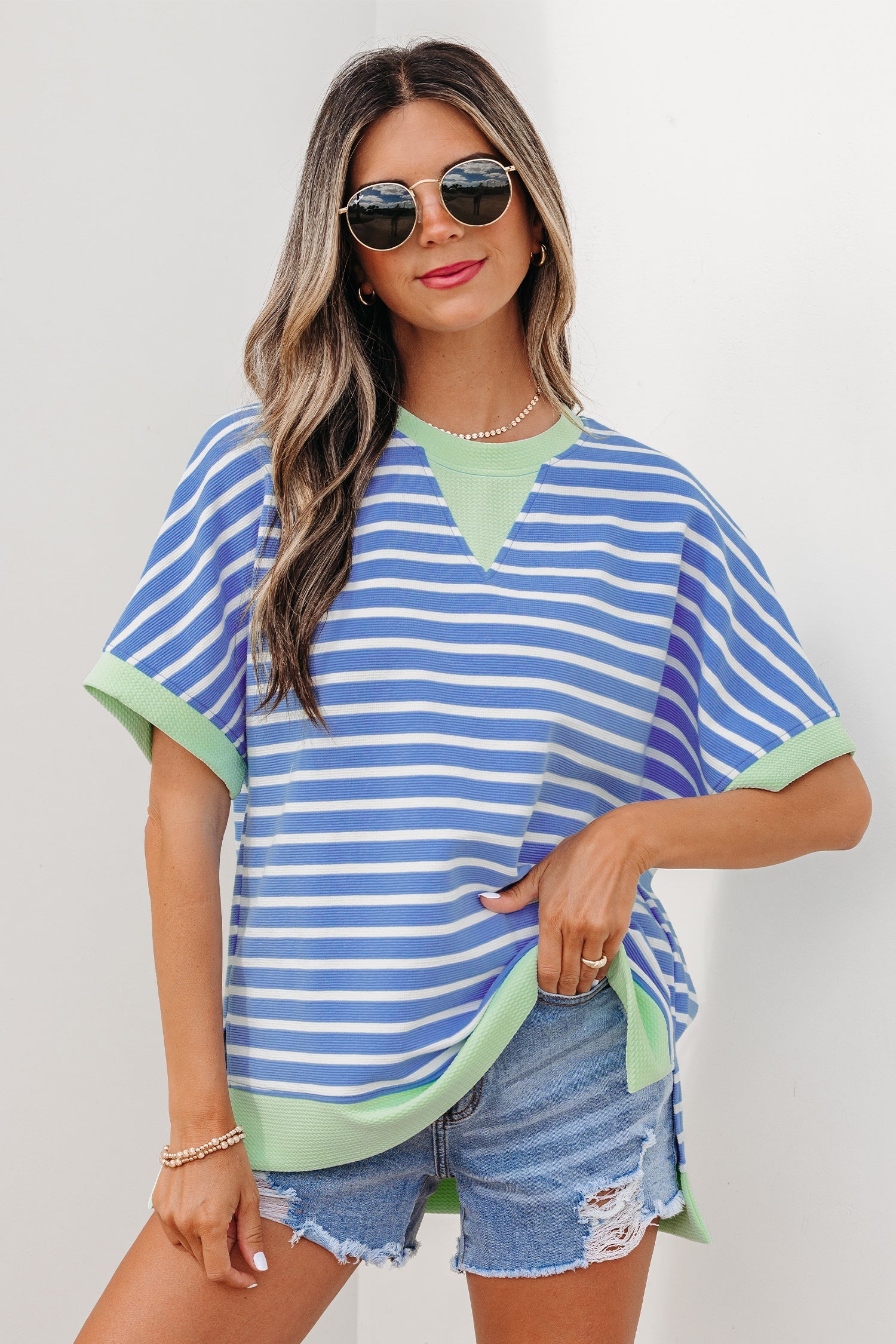 Everyday Sky Blue Stripe Loose Short-Sleeved Top