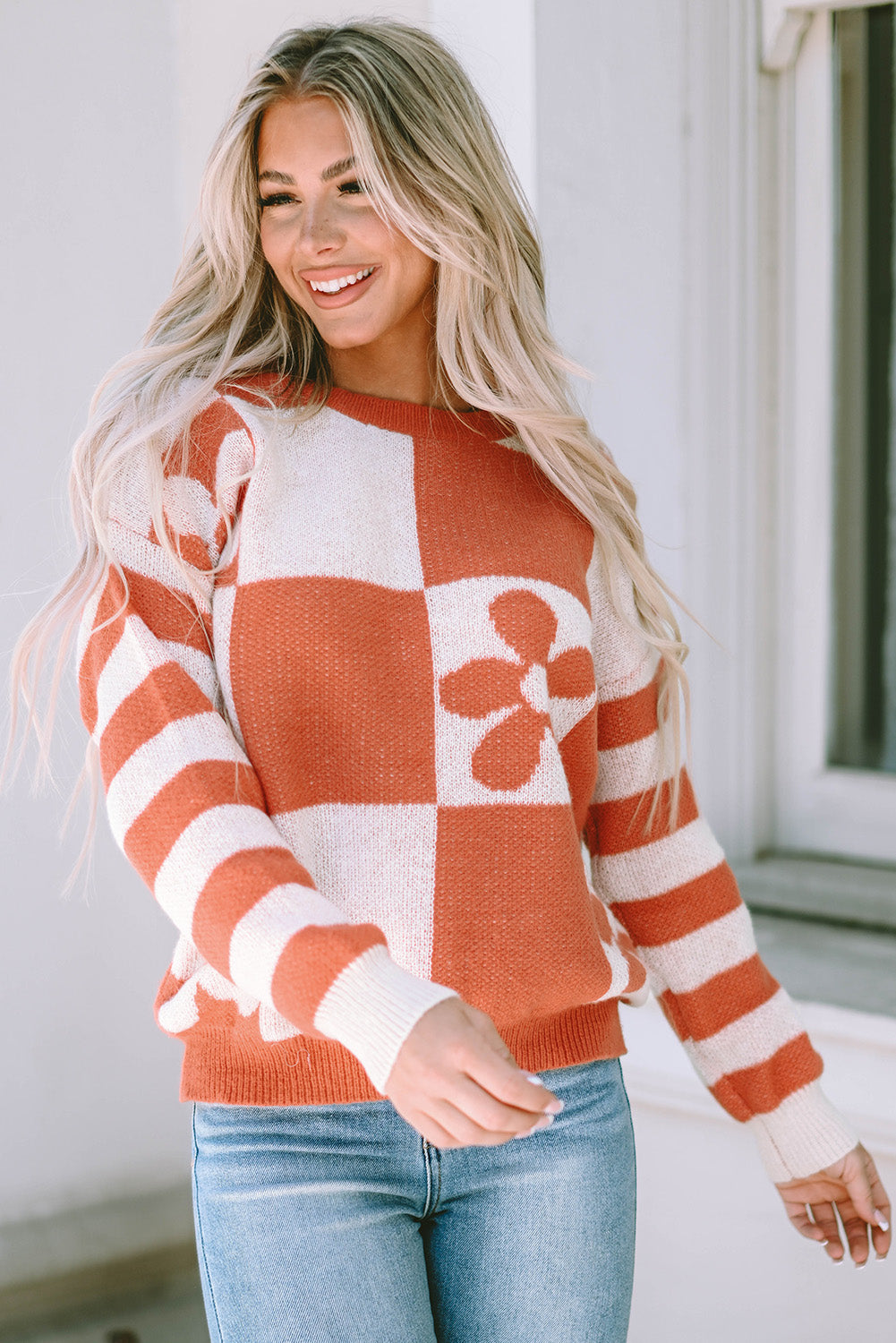 Women's Sweater Featuring Checked Floral-Print Print Striped