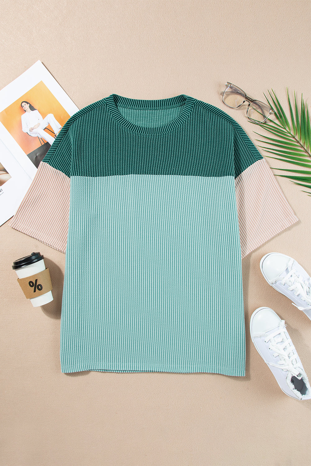 Color Block Ribbed Side Slits Half Sleeve Top