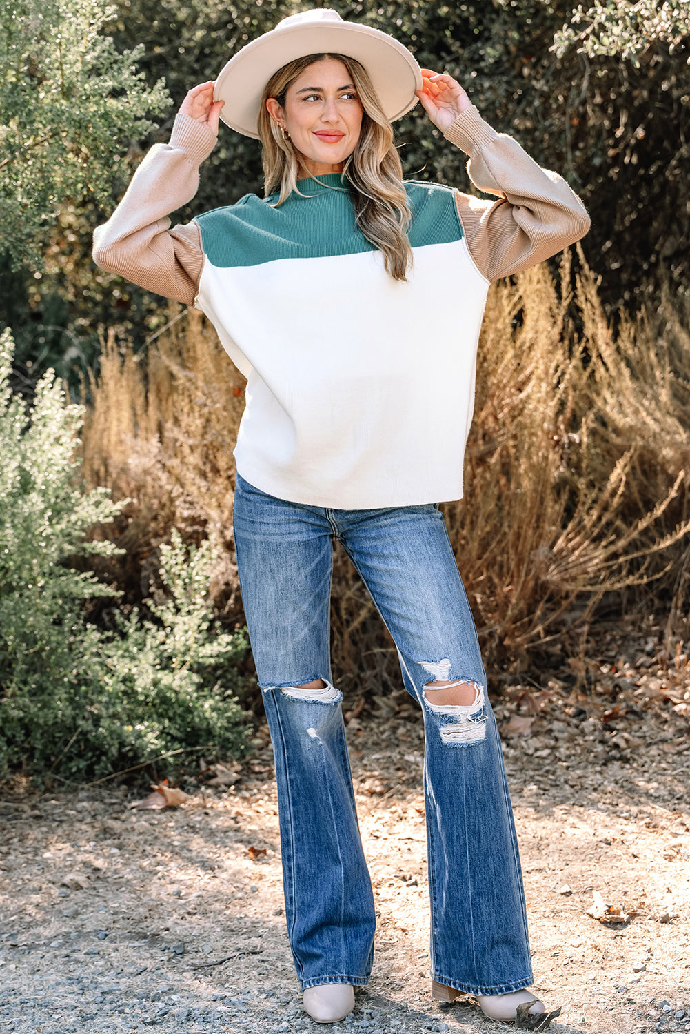 Plain Rib-Knit Colorblock Rib-Knit Knit Baggy Knit Top