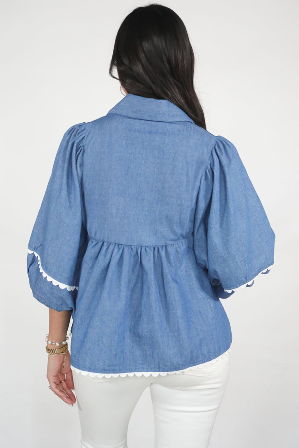 Ric Rac Lace Rac 3/4 Puff Sleeve Collared Babydoll Blouse