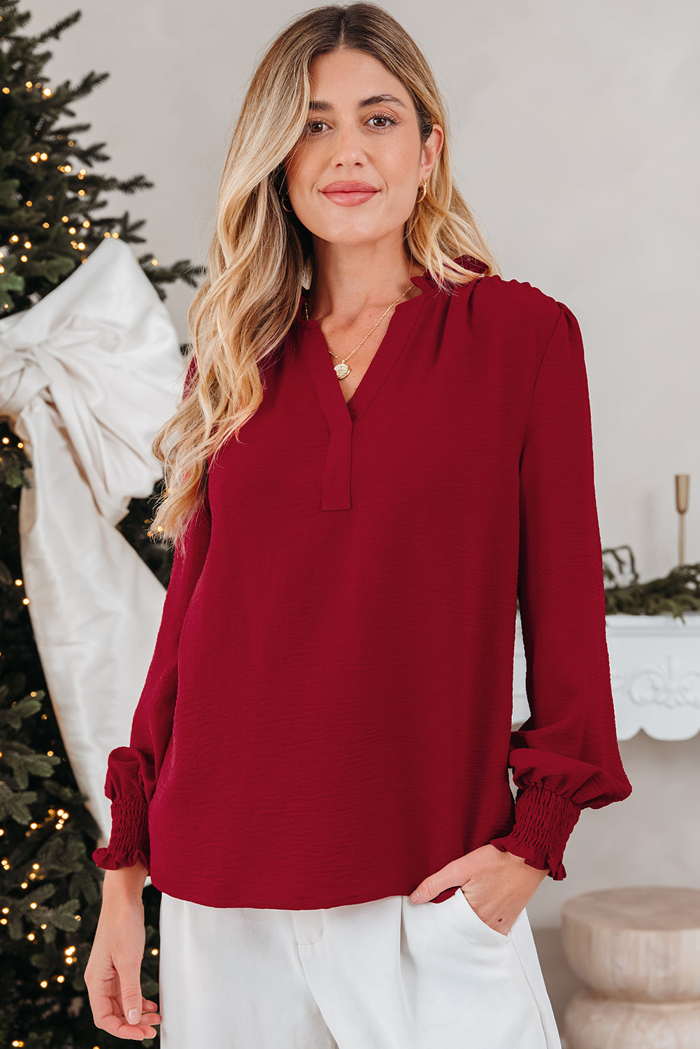 Neck Shirred Notched Shirred Cuff Long-Sleeved Blouse