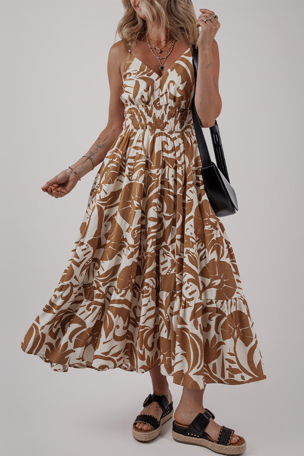 Floral Shirred High Waist Spaghetti Straps Maxi Dress