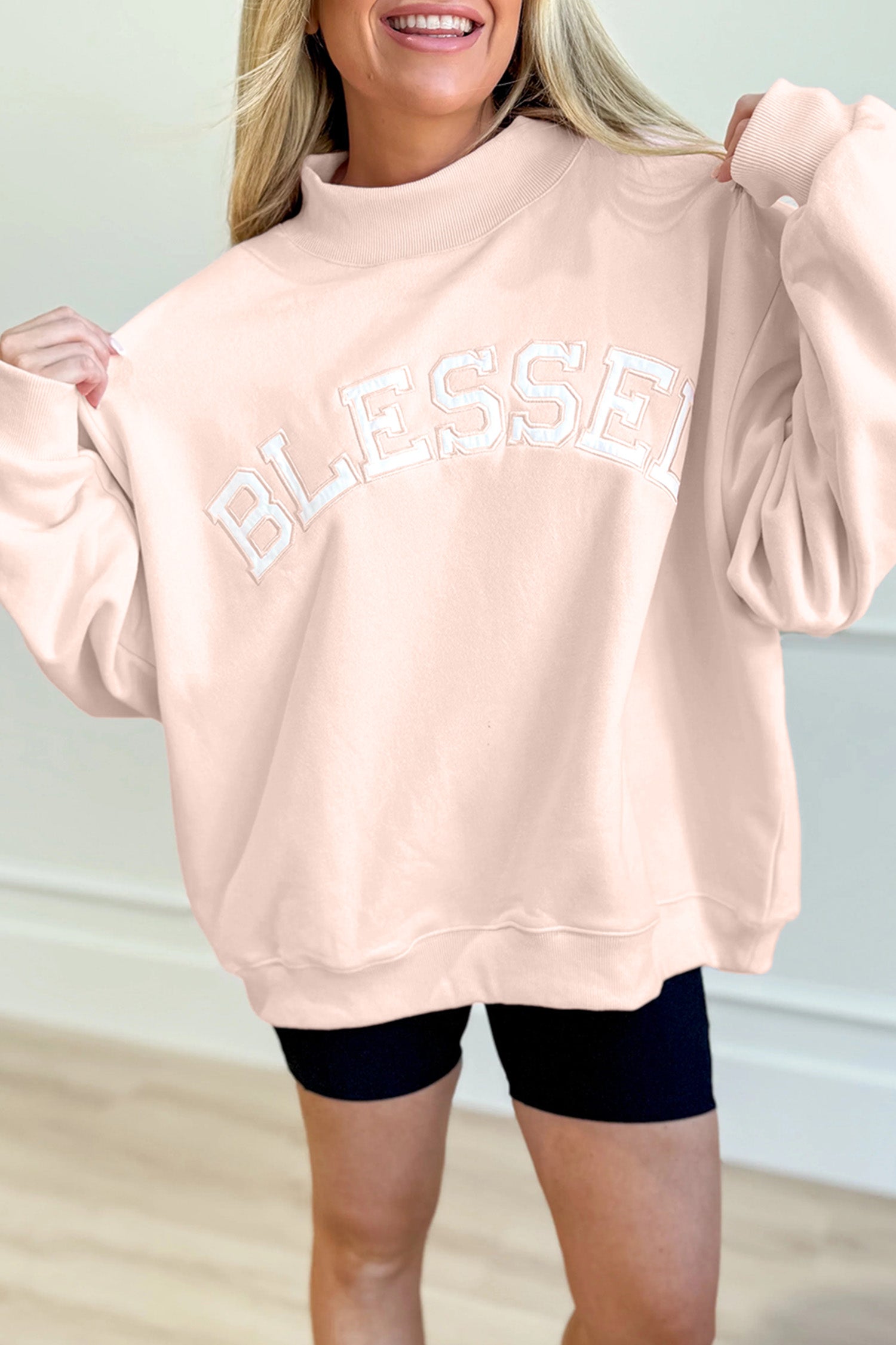 Oversize Blessed Embroidered Mock-Neck Sweatshirt