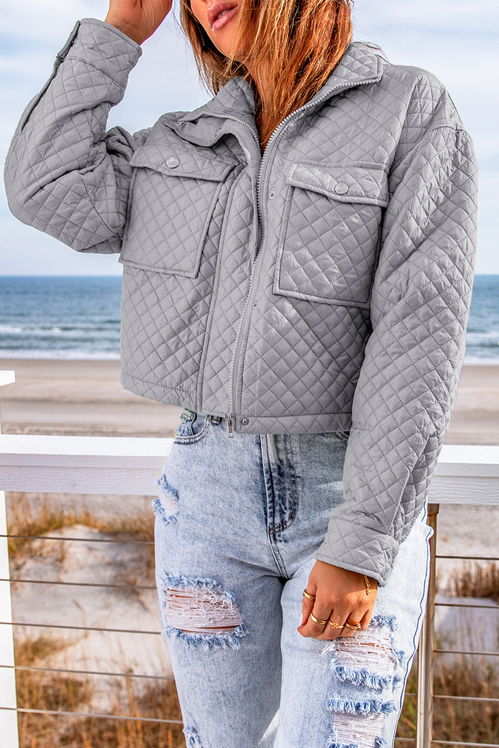 Women's Jacket with Cropped Quilted Zip-Front