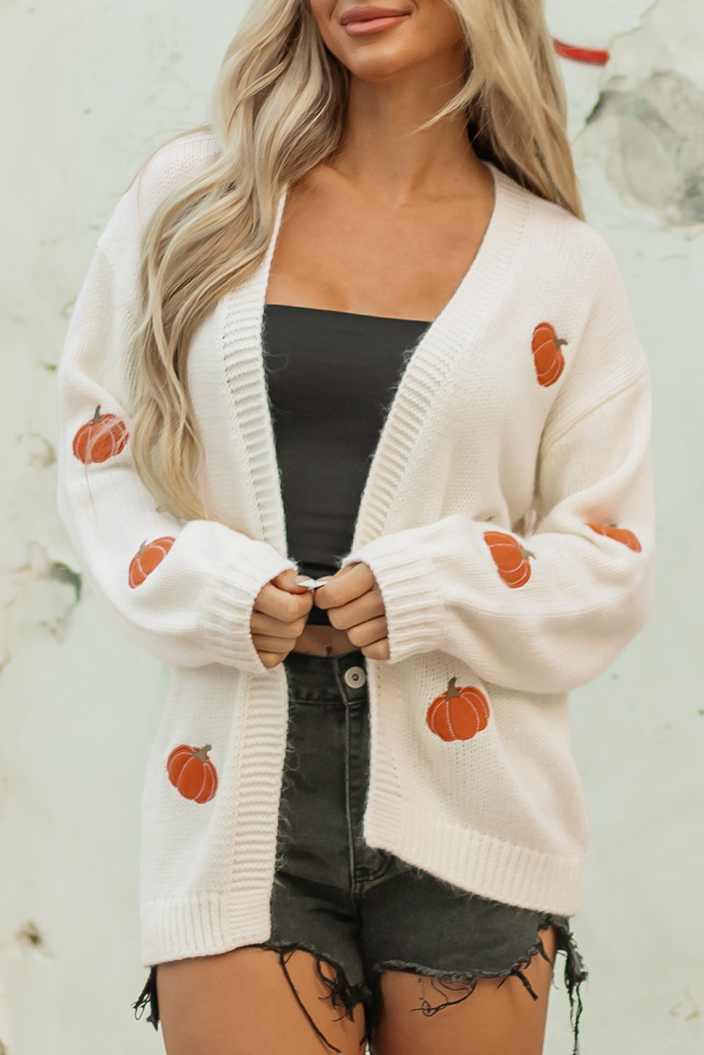 Pumpkin Print Open-Front Drop-Shoulder Midi Cardigan in White