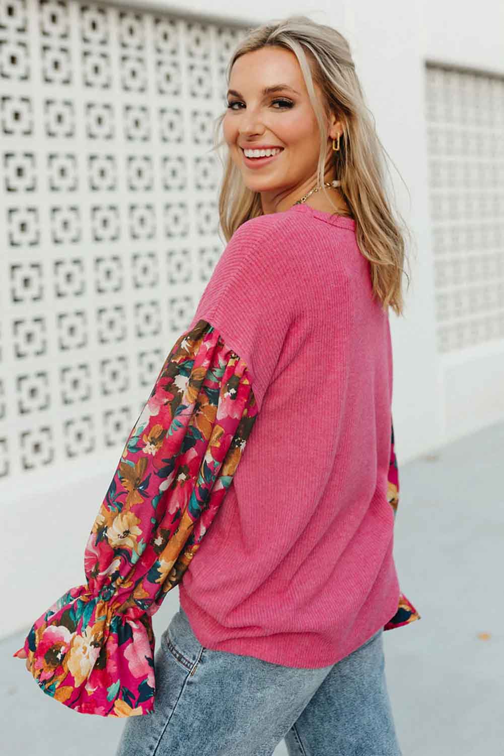 Flower Patchwork Ruffled Sleeve Ribbed Knit Drop Shoulder Top