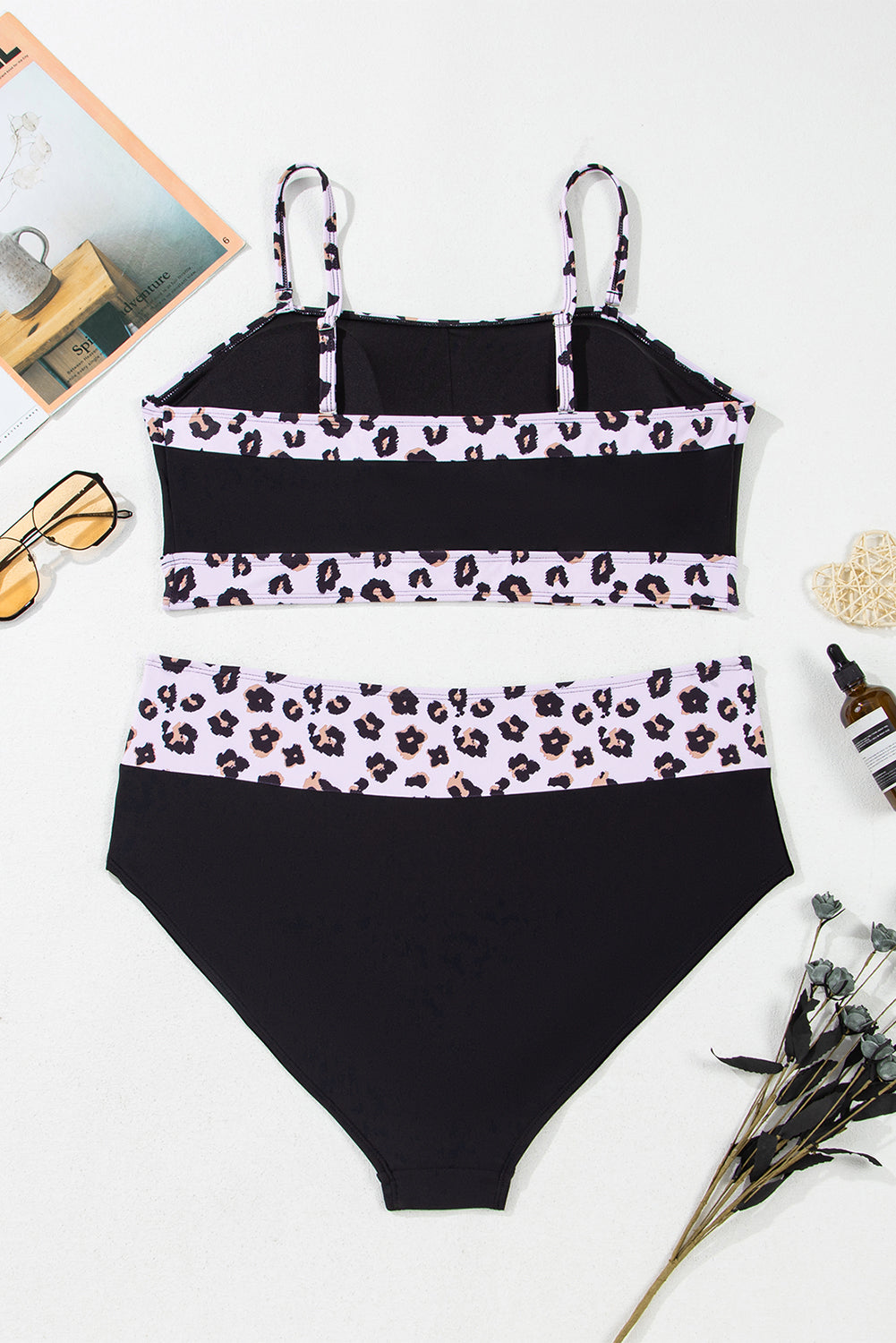 2pcs Black Leopard Patchwork Plus Size High Waisted Swimsuit