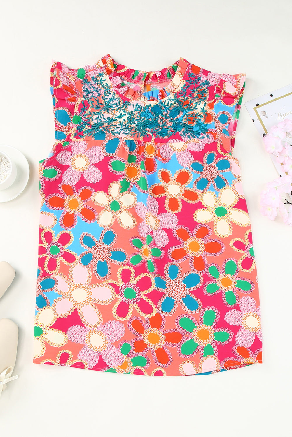 Tank Top for Women Floral-Print Print Ruffle-Trimmed Trim