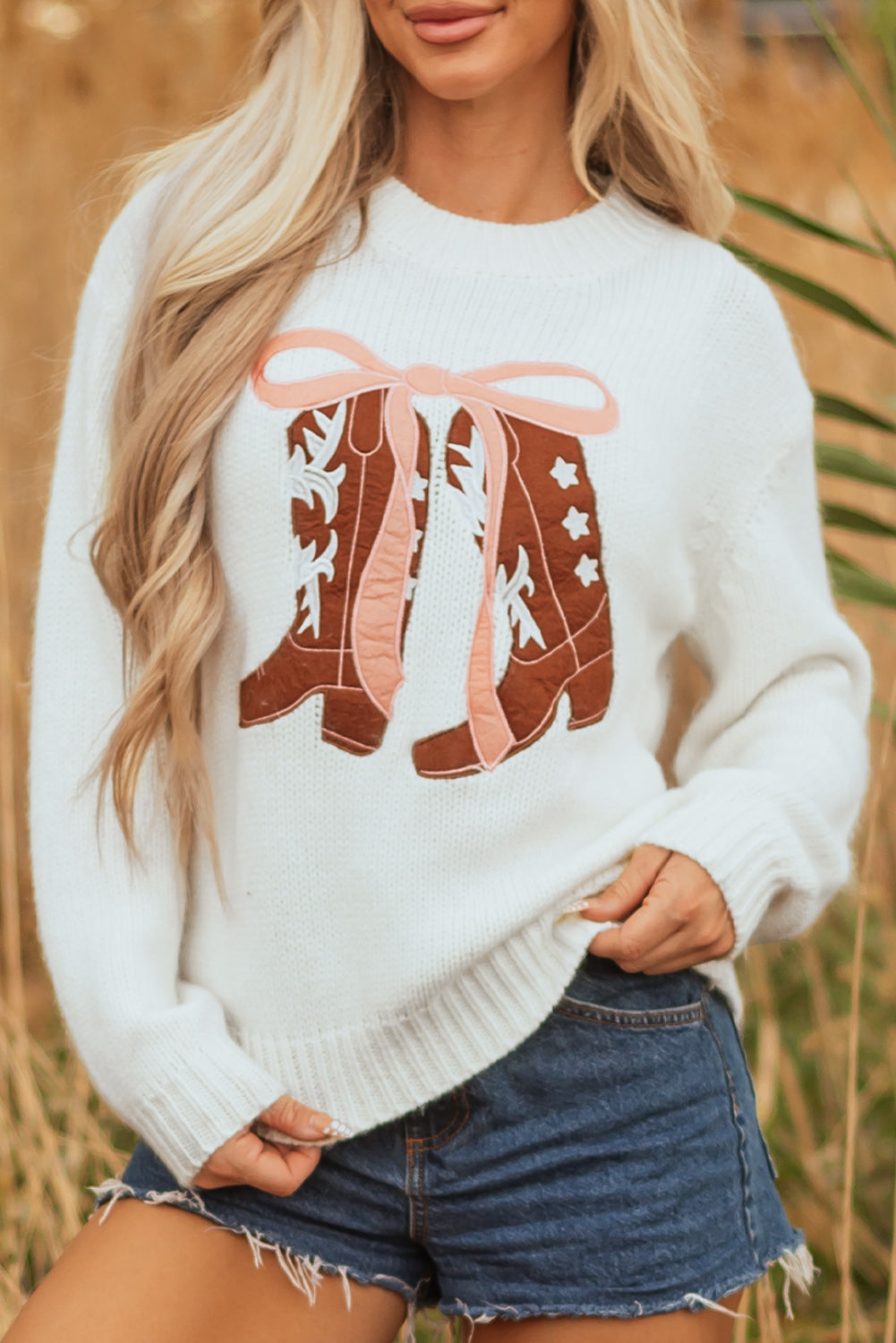 Embroidered Graphic Bow Boots Drop-Shoulder Knit Top