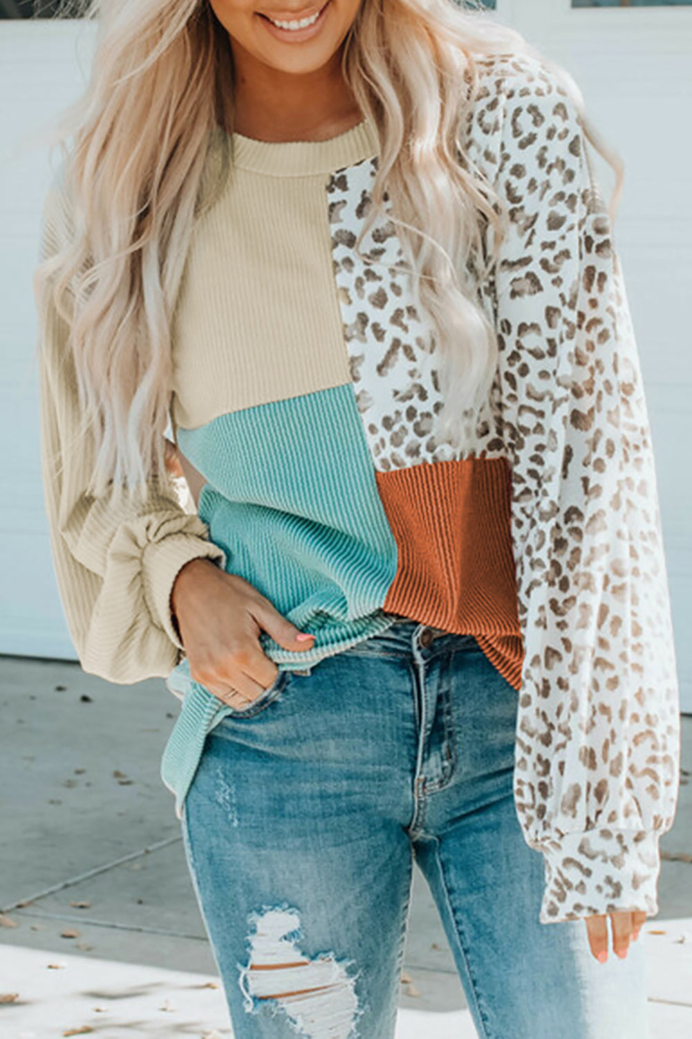 Women's Patchwork Rib-Knitted Long-Sleeve Top