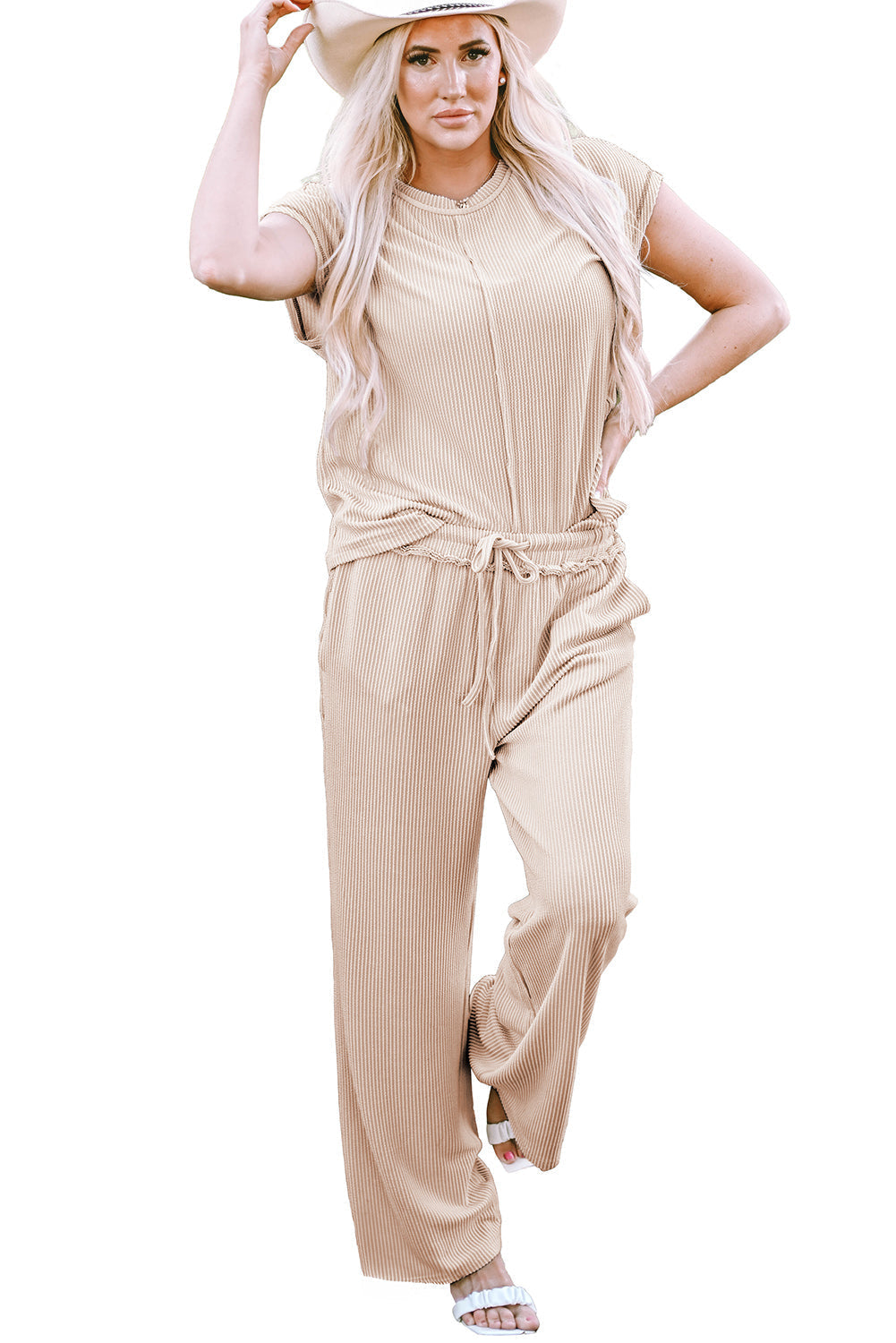 Women's Tee Pants 2-Piece Seam Rib-Knitted Outfit