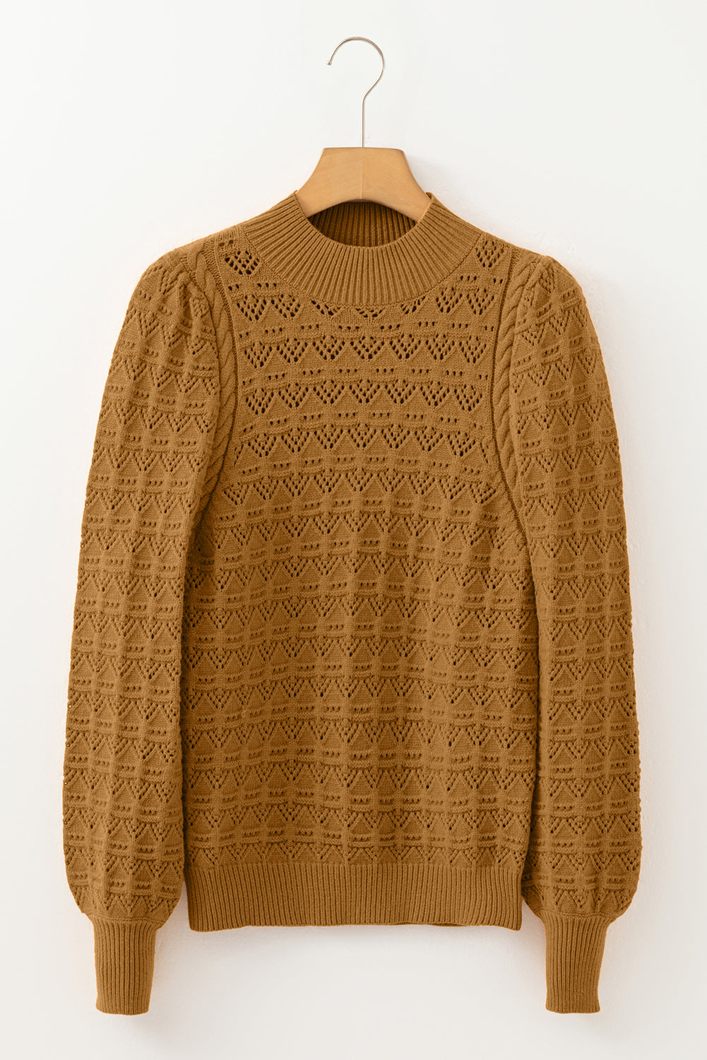 Hollow Out Crochet Rib-Knit Edge Balloon Sleeve Knit Top