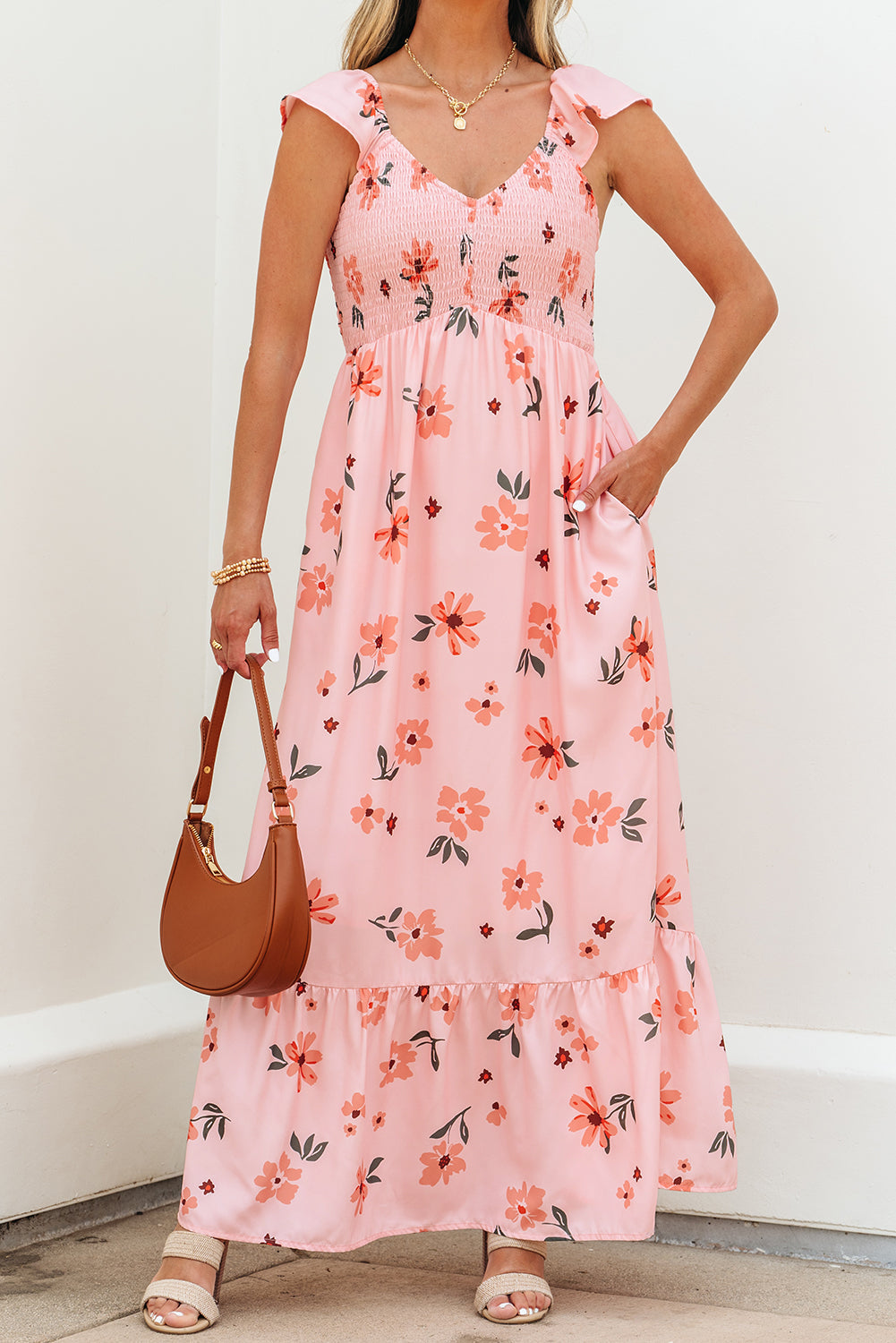 Floral V Neck Smocked High Waist Ruffle Hem Long Dress