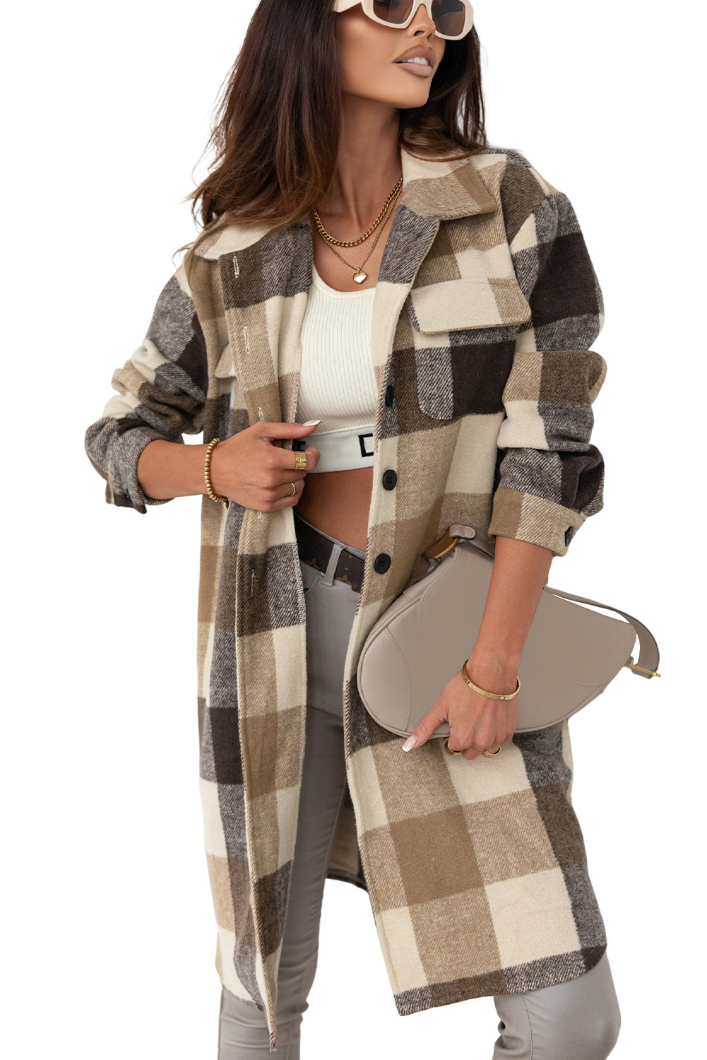 Shacket for Women Pocket Long Plaid Flap