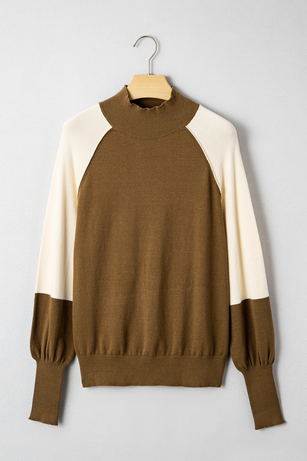 Raglan Puff Colorblock Puff Sleeve Mock-Neck Knit Top