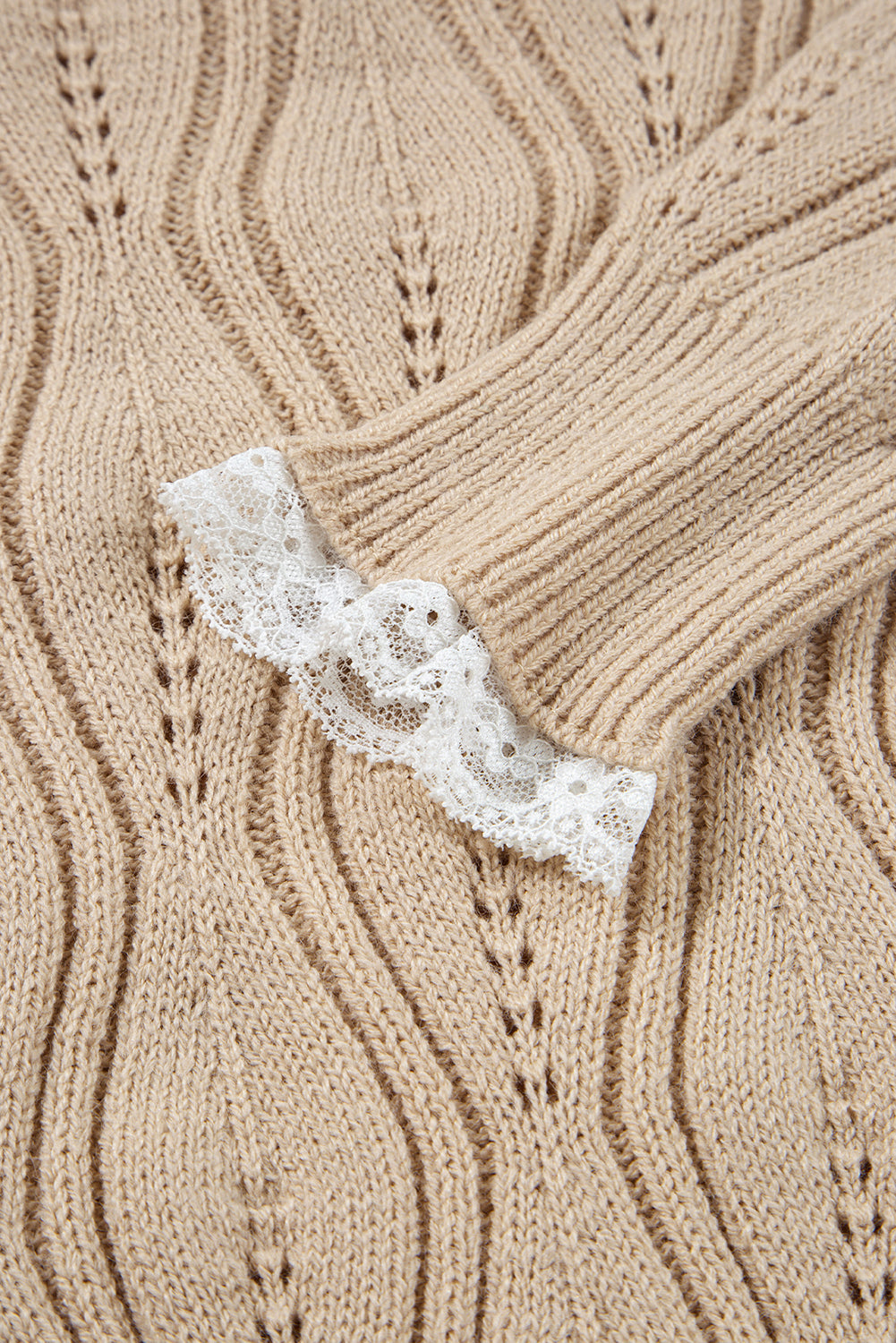 Beaded Pointelle Pearl Pointelle Knit V-Neck Lace Patchwork Sleeve Knit Top