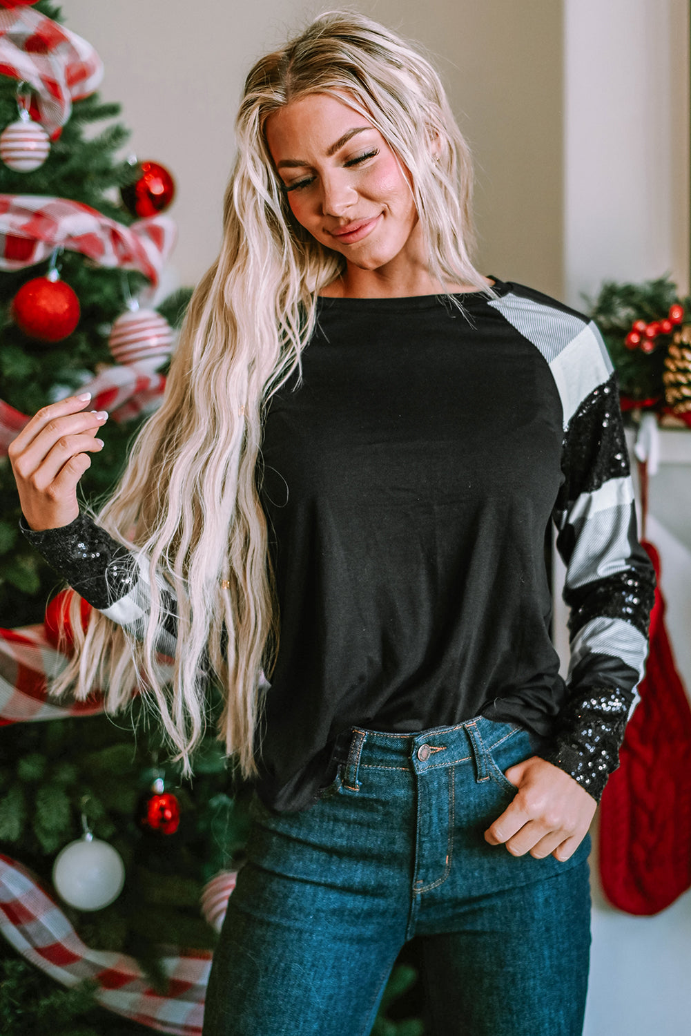 Top for Women Raglan-Sleeve Sequin Plaid