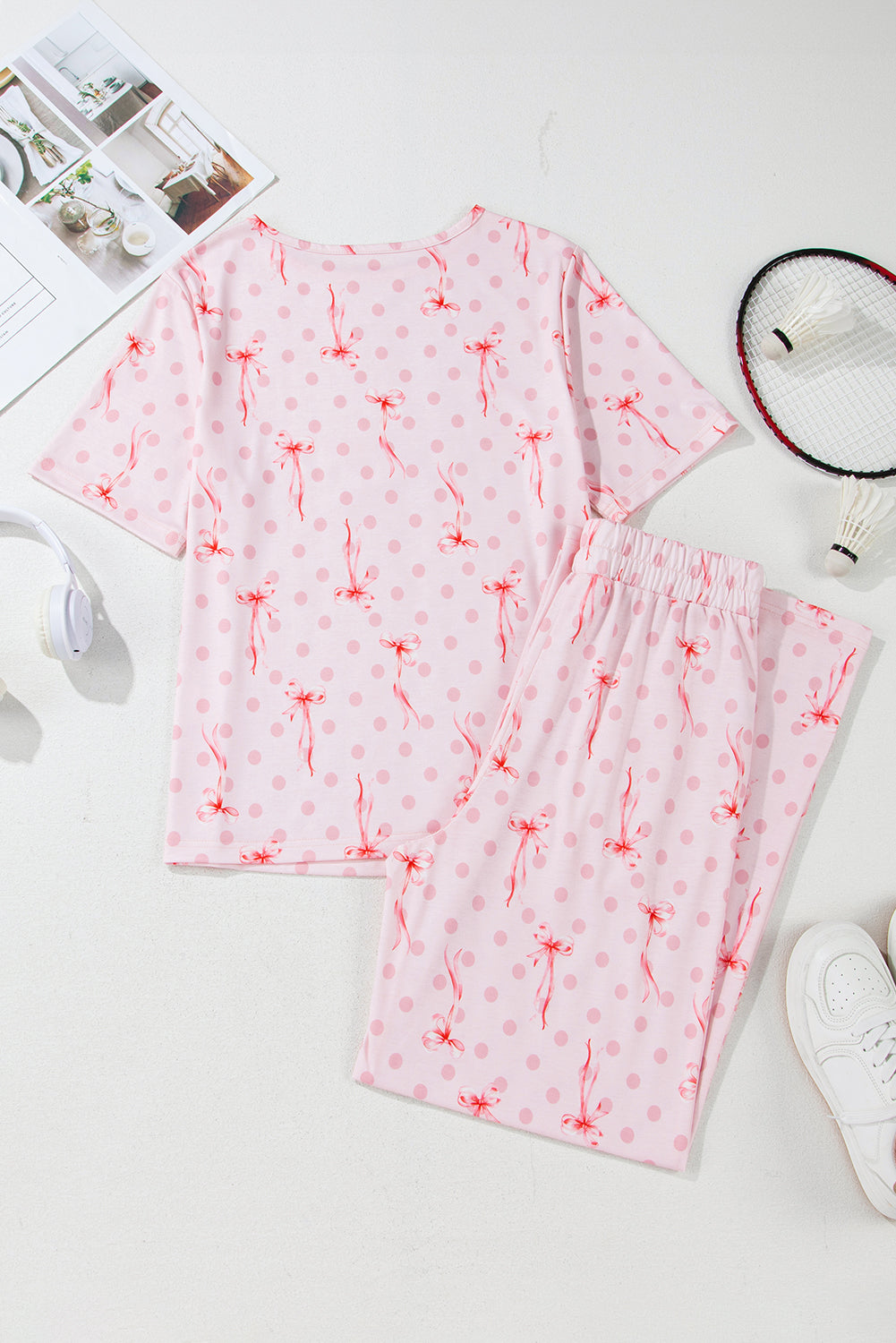Bow Knot Polka-Dot Print Short-Sleeved Top Lounge Set