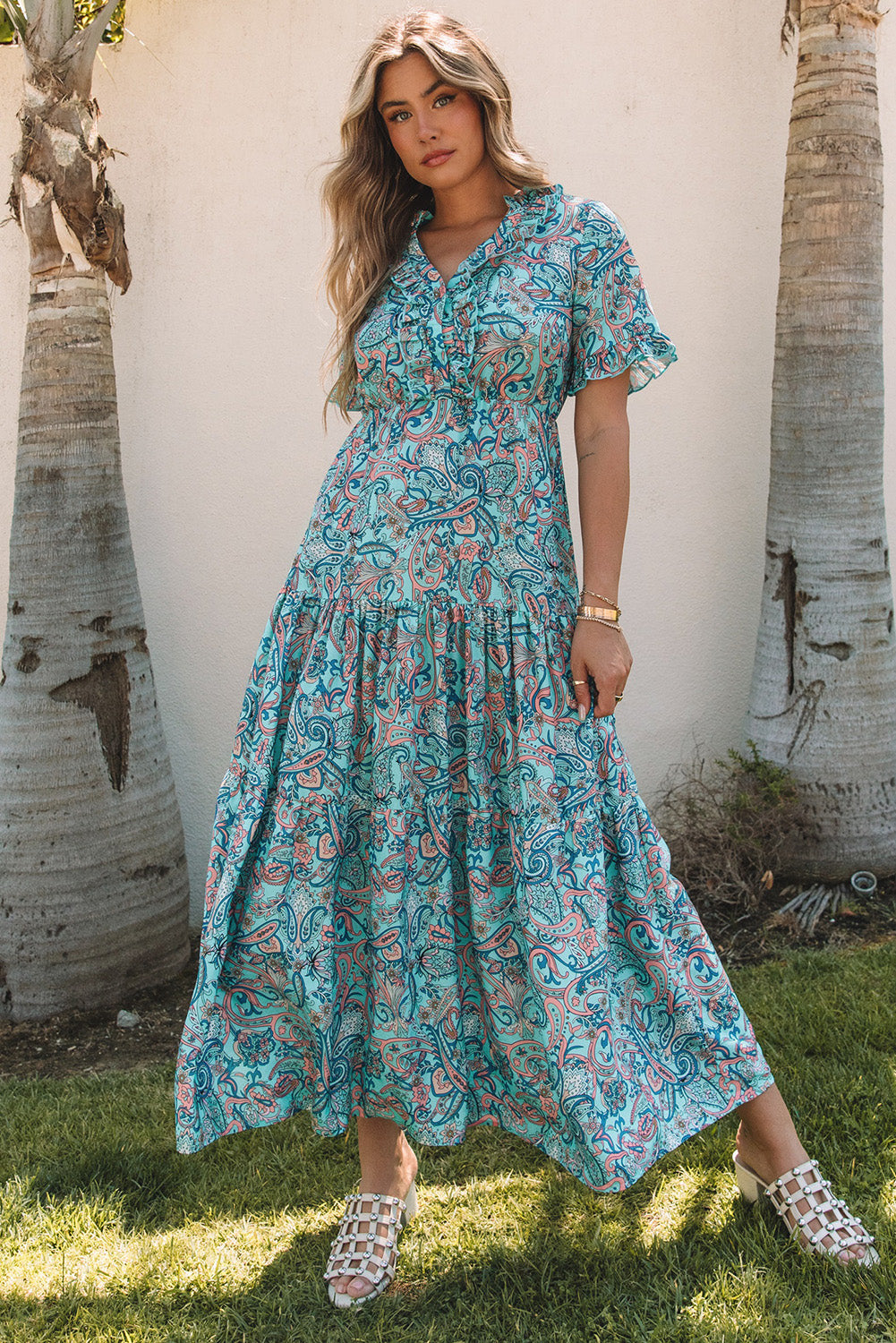 Women's Maxi Dress with Paisley Bohemian Ruffle-Trimmed Layered
