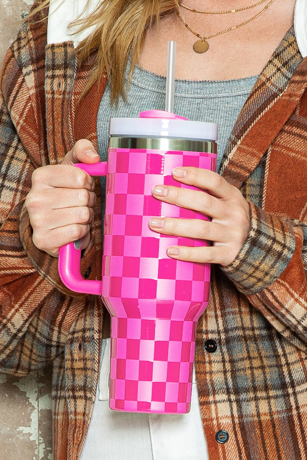 Handled Checkered Print Stainless Steel Tumbler Cup 40oz