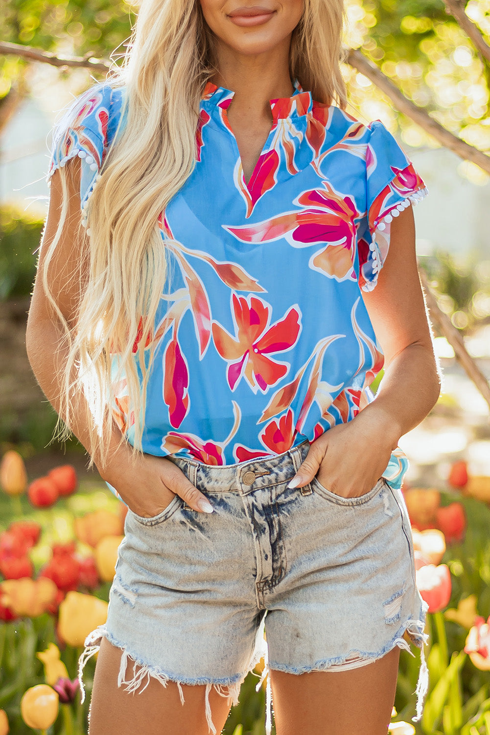 Floral-Print Trim V-Neck Pompom Flutter Sleeve Blouse