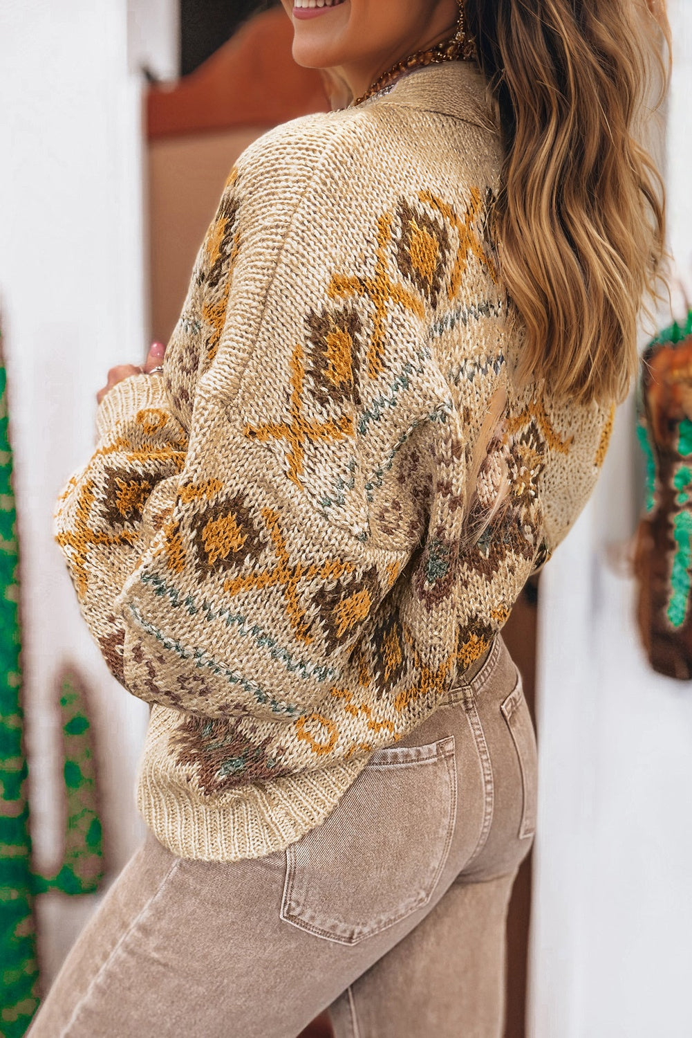 Pattern Knit Western Knit Button V-Neck Cardigan Knit Top in Khaki