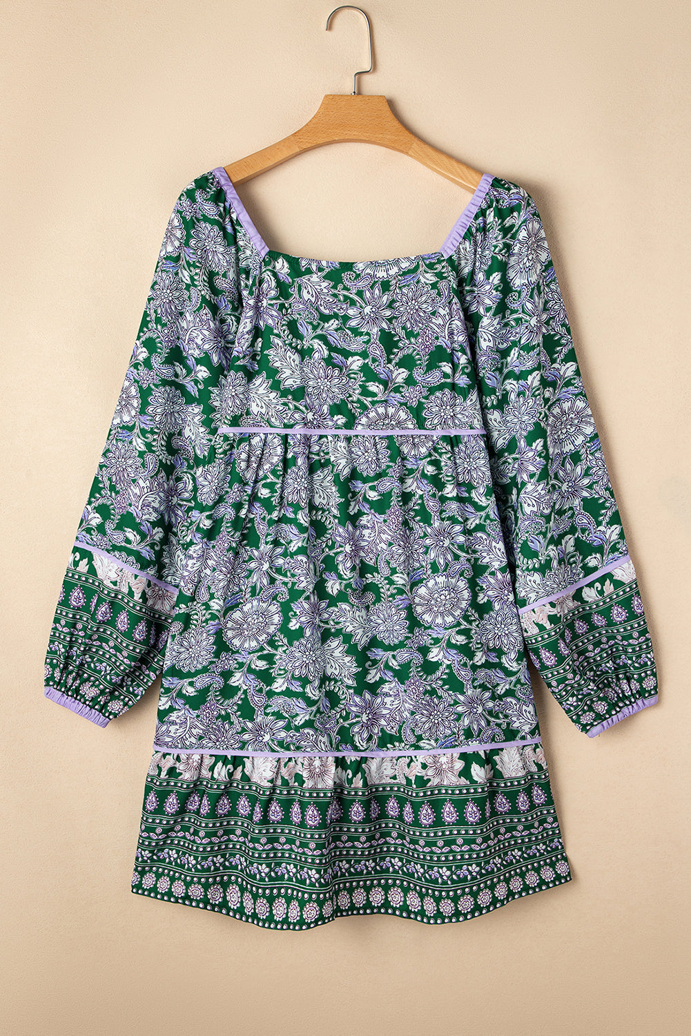 Floral Print Piping Trim Square Neck Dress