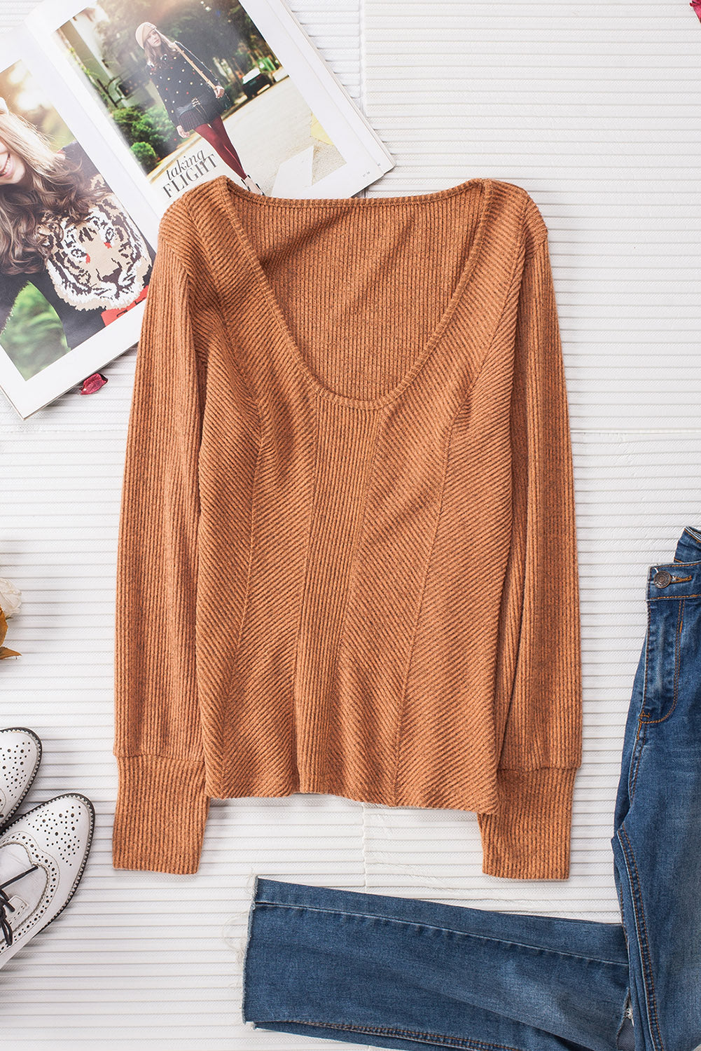 Women's Top Featuring U Neck Textured Long-Sleeve