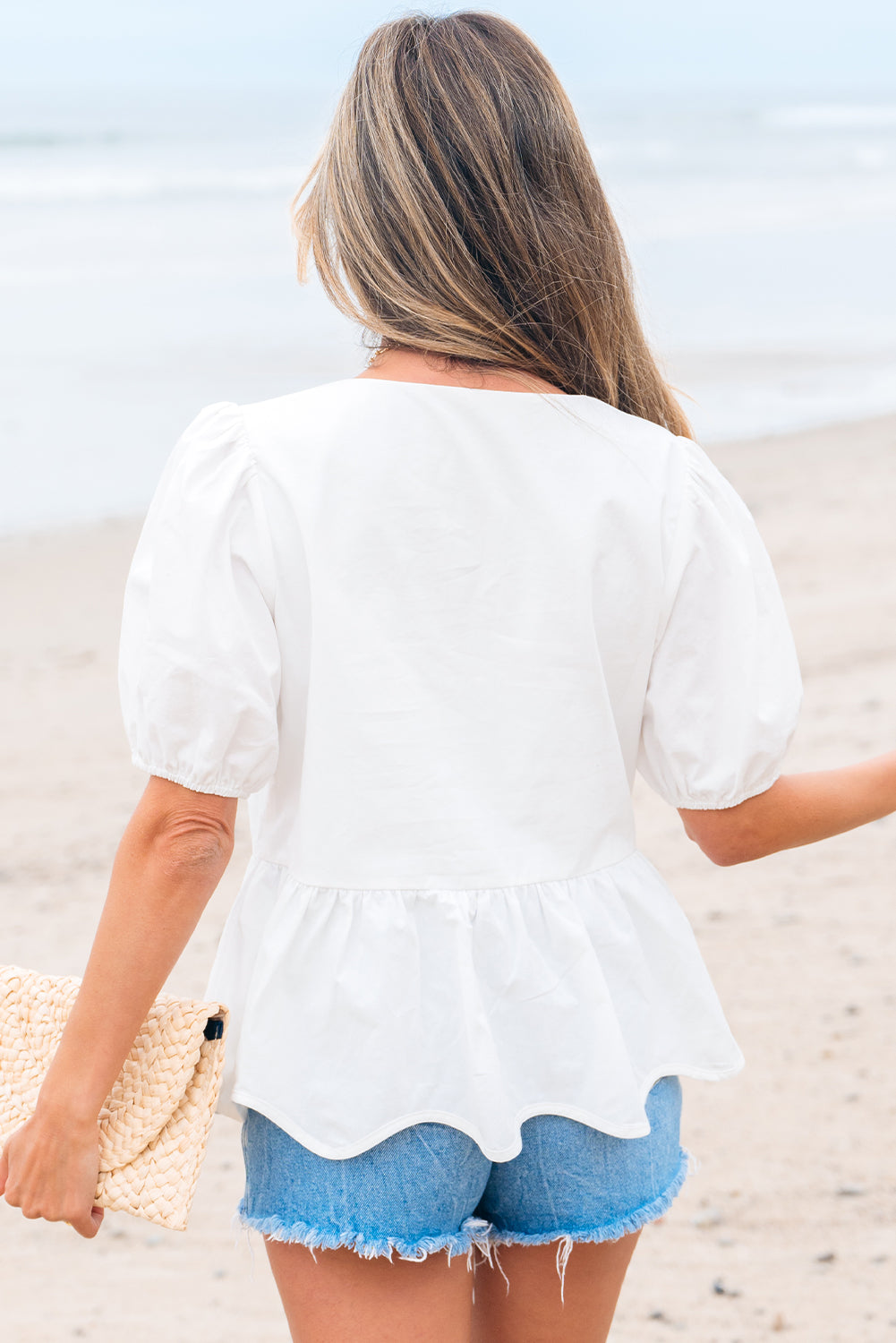 Bow Knot Decor Square Neck Puff Sleeve Peplum Top in White